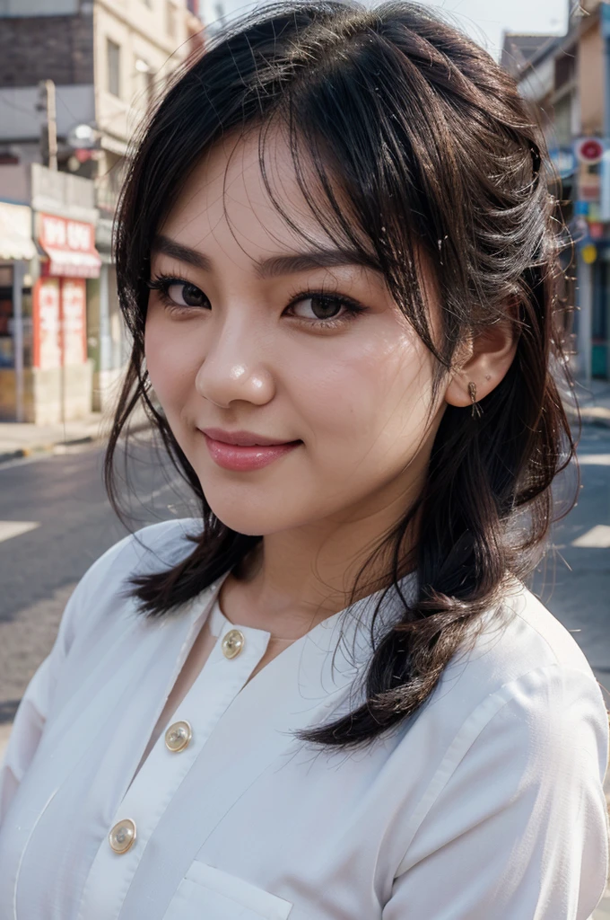 white asian women, elegant suit, black hair, hair bobbles, longeyelashes, solid circle eyes, light smile, ear blush, fang, Surrealism, drop shadow, anaglyph, stereogram, tachi-e, pov, atmospheric perspective, 8k, super detail, best quality, small town background