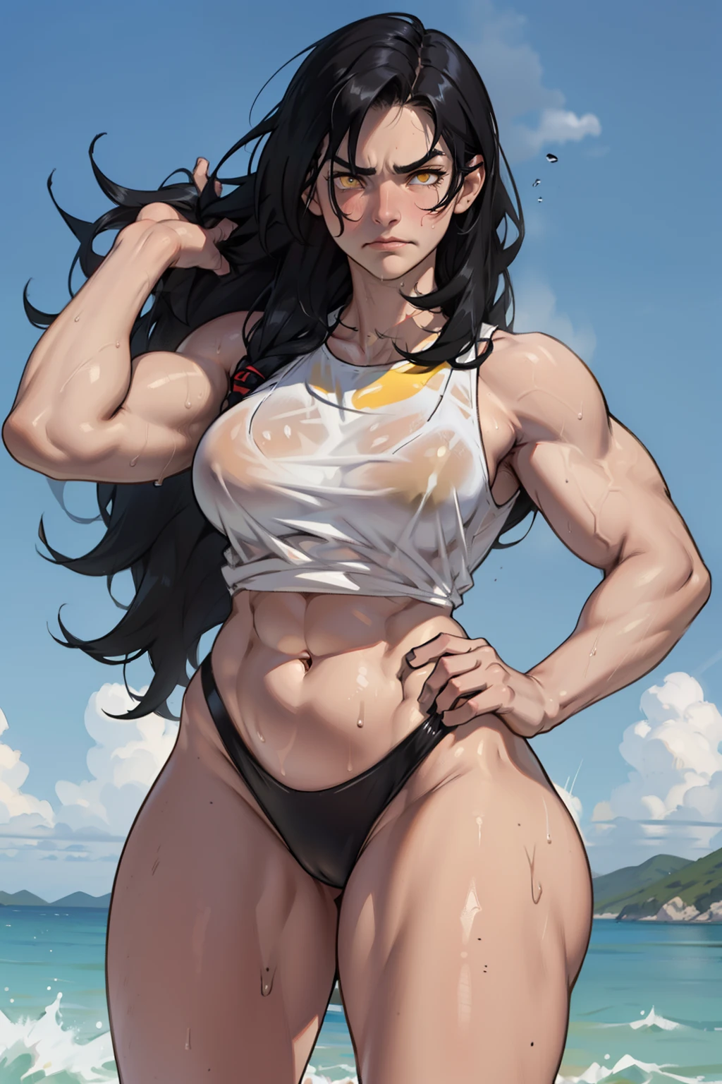 girl black hair, yellow eyes, solo, sweaty, frowning, pale skin, (((muscular, 1girl))), thin waist, very long hair, sweaty, swimsuit, wet hair, messy hair thick thighs wide hips