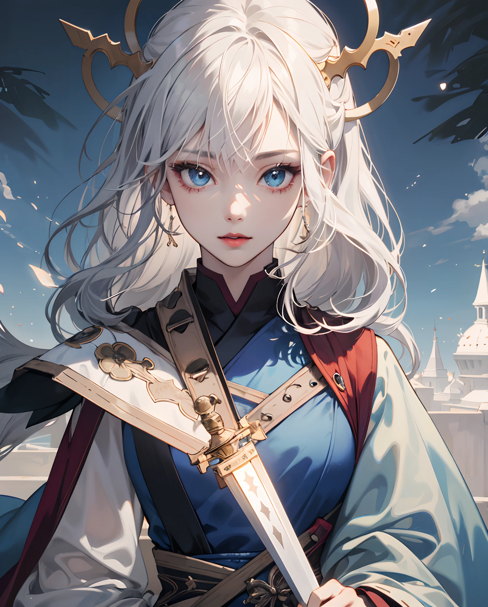 Eye color(reddish)vampire beautiful girl sword anime style。 manga panel、magnificent view、masterpiece、top-quality、ultra-detailliert、illustratio、hyperdetailed face、best quality face、Move ki、20yr old、Adults、1girl in、No humans、white hair、Alchemy costume、Intricate detailed costumes