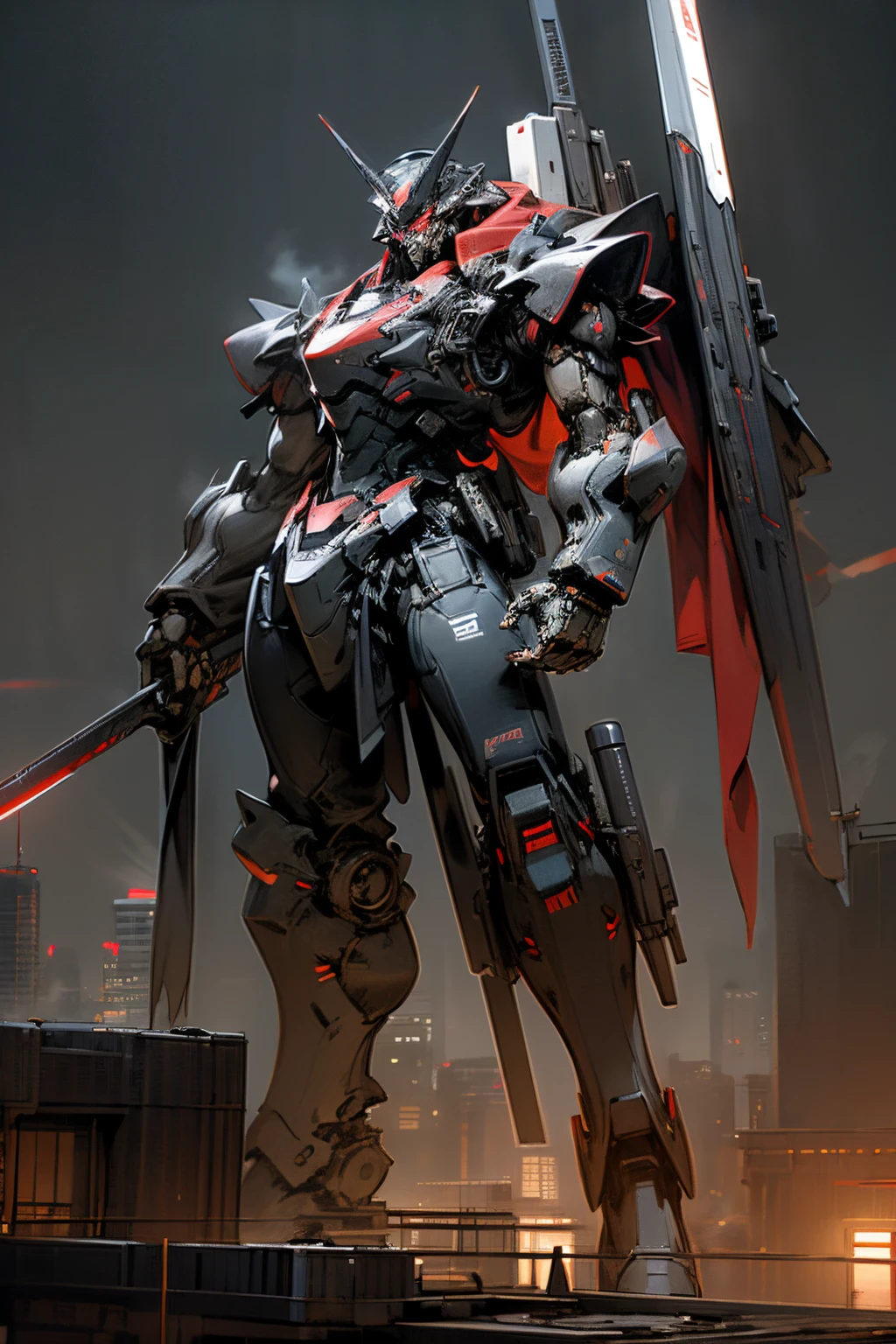 天空、云、holding_weapon,no_humans,SHINES、机器人、built、glowing_eyes,mechs、sience_fiction,Towering over the city、realisitic、Carbon black and red coloring、Matte finish、Lenovo's ThinkPad,ThinkPad _X1_carbon,Lenovo,Giant Mecha、Faraway view、Super huge、invincible、Armored Core、Photorealsitic、Contains a lot of carbon black ingredients