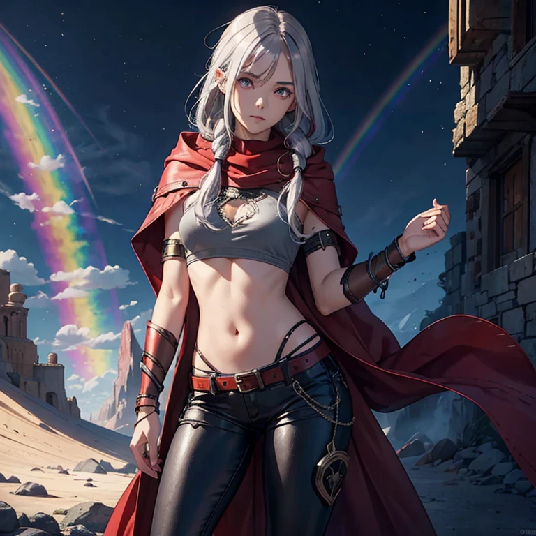 Dark grey hair, rainbow highlights on hair, one blind eye