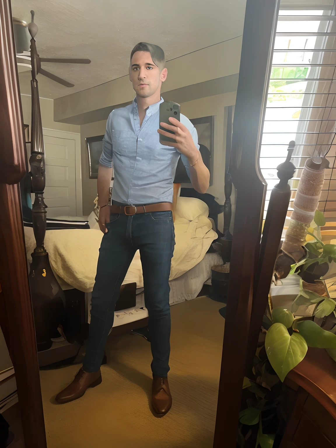 arafed man taking a selfie in a mirror in a bedroom, wearing a shirt and a jean, wearing a light blue shirt, full body picture, full body photo of steve, dressed casually, wearing a light shirt, wearing casual clothing, outfit photo, standing in front of a mirror, wearing a dark shirt and jeans, full body photogenic shot, wearing casual clothes
