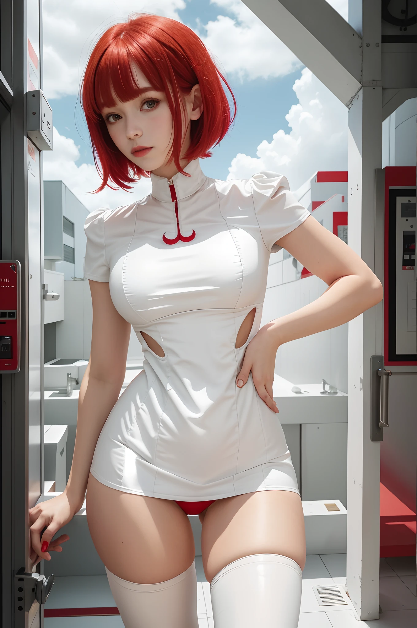 woman in white minidress, bobcut red hair, high boots, red panties