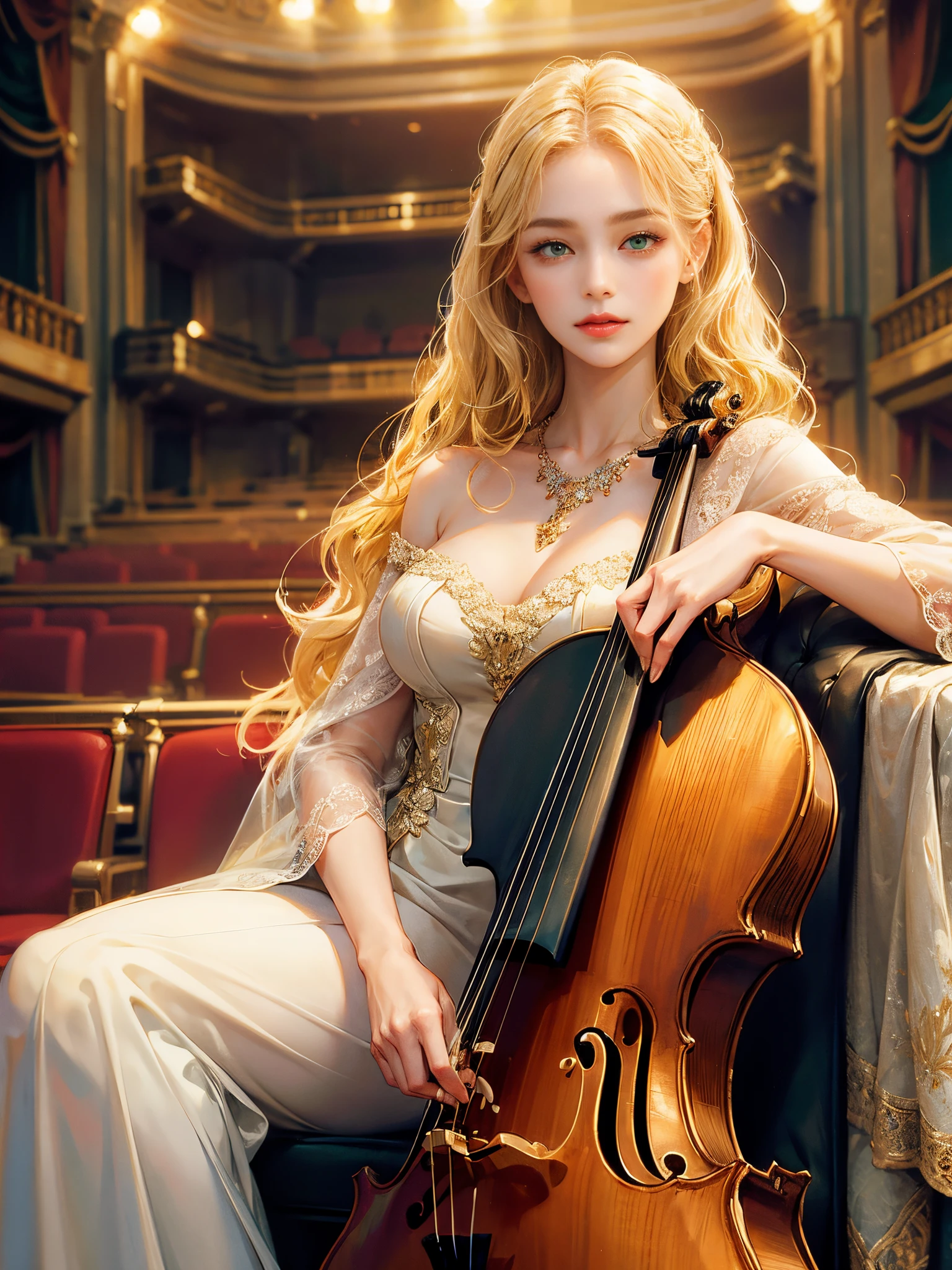 The girl has medium blonde wavy hair, no bangs. She has green eyes, she looks at the viewer