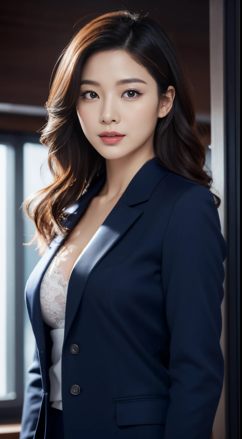 Studio photo of a beautiful Korean news anchor, female, 35 years old, beautiful facial features, captivating eyes, subtle smile, highly feminine, long wavy hair, navy blazer, lace camisole, subtle cleavage, voluptuous body, elegant vibe, look straight at the camera, hyper realistic, highly detailed, volumetric lighting, cinematic, sharp focus, 8K, front view, stunning full body shot