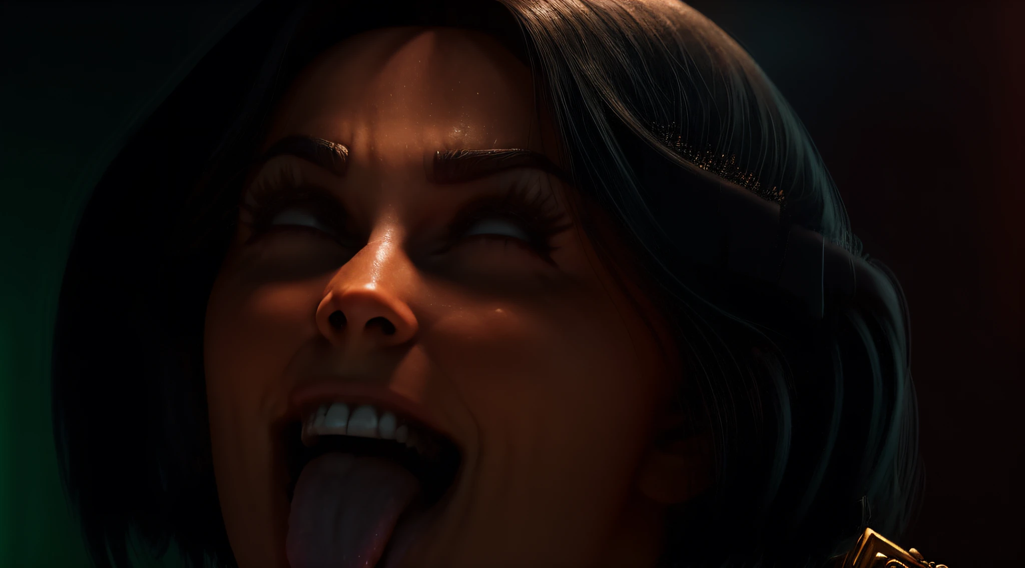 (((Valeria in front of the throne of God))), majestic, strong, imposing, dazzling light, serene aura, magnificent aura, god (embodiment of power:1.2), glorious, a rainbow over the throne (emitting light:1.3), (gleaming:1.2), Dramatic lighting, deep shadows, extreme close up view, head only, Michelle Yeoh, braided hair, wet skin, dewy skin, dribbles of white slime on face, dribbles of white slime in hair, eyes tightly closed, smiling, laughing mouth wide open, gasping, shouting, crying out, face