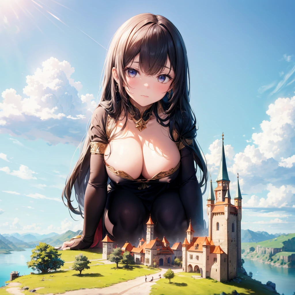 10k, fantasy, (giantess:1.2), hills, height_difference a giantess looking down at a kingdom, giantess with a small village in front of her breasts, castle, fortress giantess, adventurer, eyes looking down, huge breasts a tiny village from above, rivers, hills, medieval