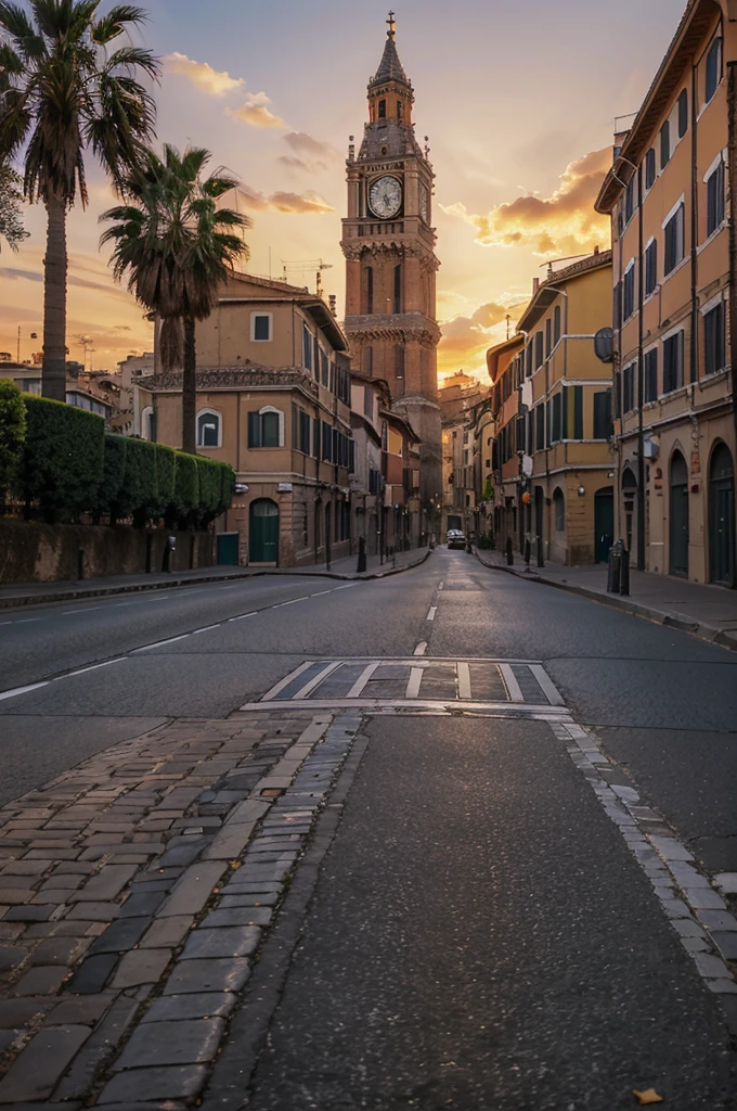 arafed view of a street with a clock tower and a red sky, a picture by Tommaso Dolabella, pexels contest winner, renaissance, rome, rome backdrop, all roads lead to rome, eternal city, roma, italy, italian masterpiece, rome in background, trending, in a city with a rich history, vatican, italian mediterranean city