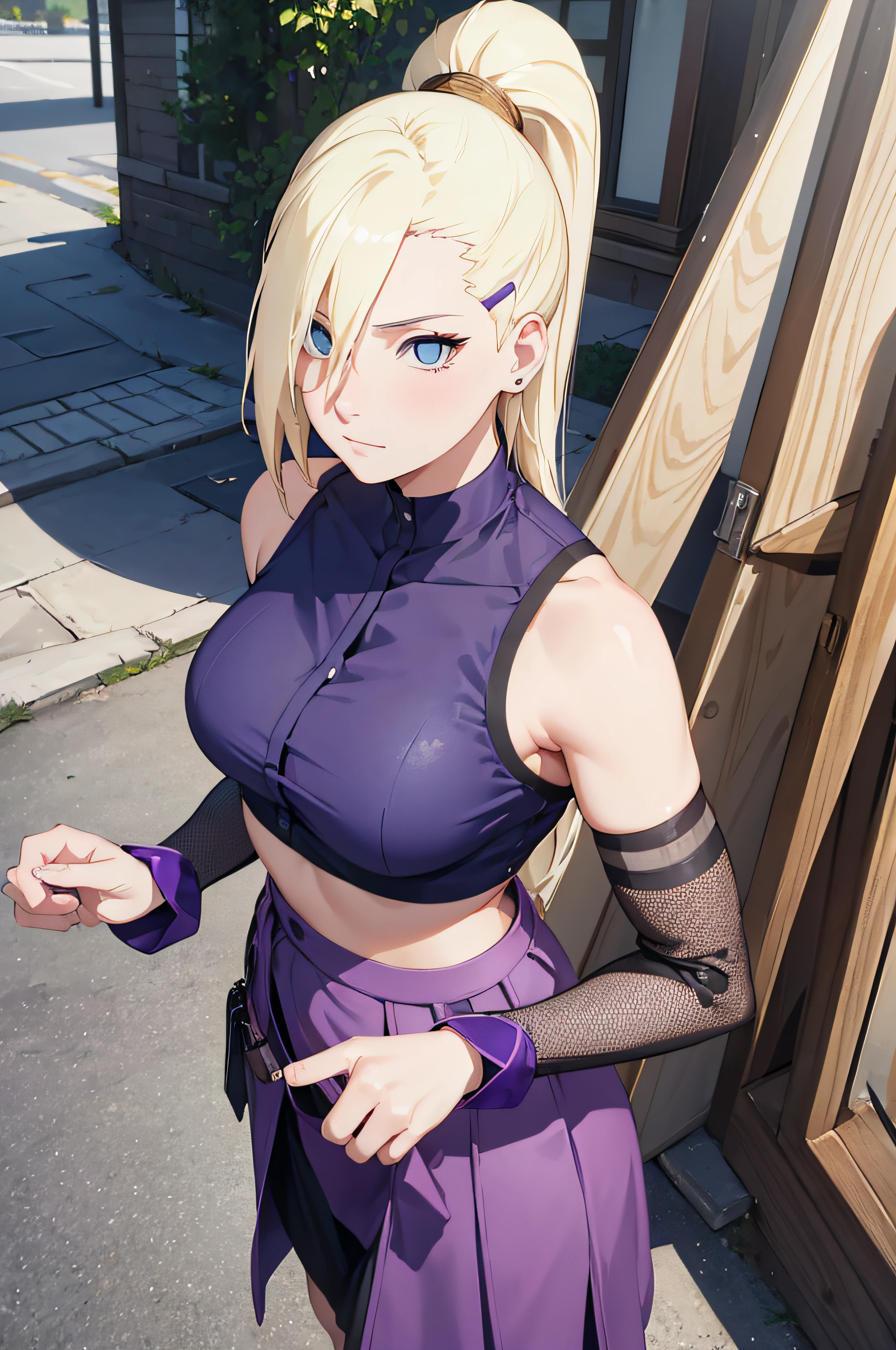 (masterpiece), best quality, expressive eyes, perfect face, 1 girl, solo, yamanaka ino, blonde hair, blue eyes, purple crop top, separate sleeves, purple skirt, mesh sleeves, meshes, outdoors, natural lighting, full body, portrait, looking at viewer, from above