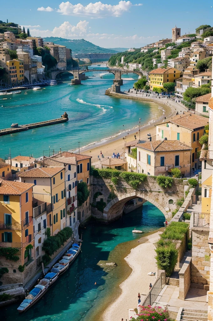 arafed view of a town with a river and a beach, a picture by Luca Zontini, shutterstock, romanticism, beautiful place, rich picturesque colors, italy, ❤🔥🍄🌪, the most beautiful landscape, city of pristine colors, incredibly beautiful, fantasy italy, italian mediterranean city, very beautiful scenery, picturesque, beautiful scenery