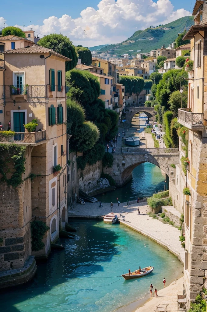 arafed view of a town with a river and a beach, a picture by Luca Zontini, shutterstock, romanticism, beautiful place, rich picturesque colors, italy, ❤🔥🍄🌪, the most beautiful landscape, city of pristine colors, incredibly beautiful, fantasy italy, italian mediterranean city, very beautiful scenery, picturesque, beautiful scenery