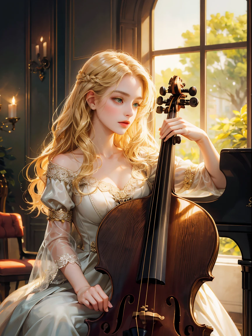 A girl, medium blonde hair, wavy hair, no bangs, green eyes, medium breast. She wears elegant dress, beautiful girl, detailed eyes, detailed face, detailed hands, looking at the viewer. she is sitting and she plays the cello with bow on stage
