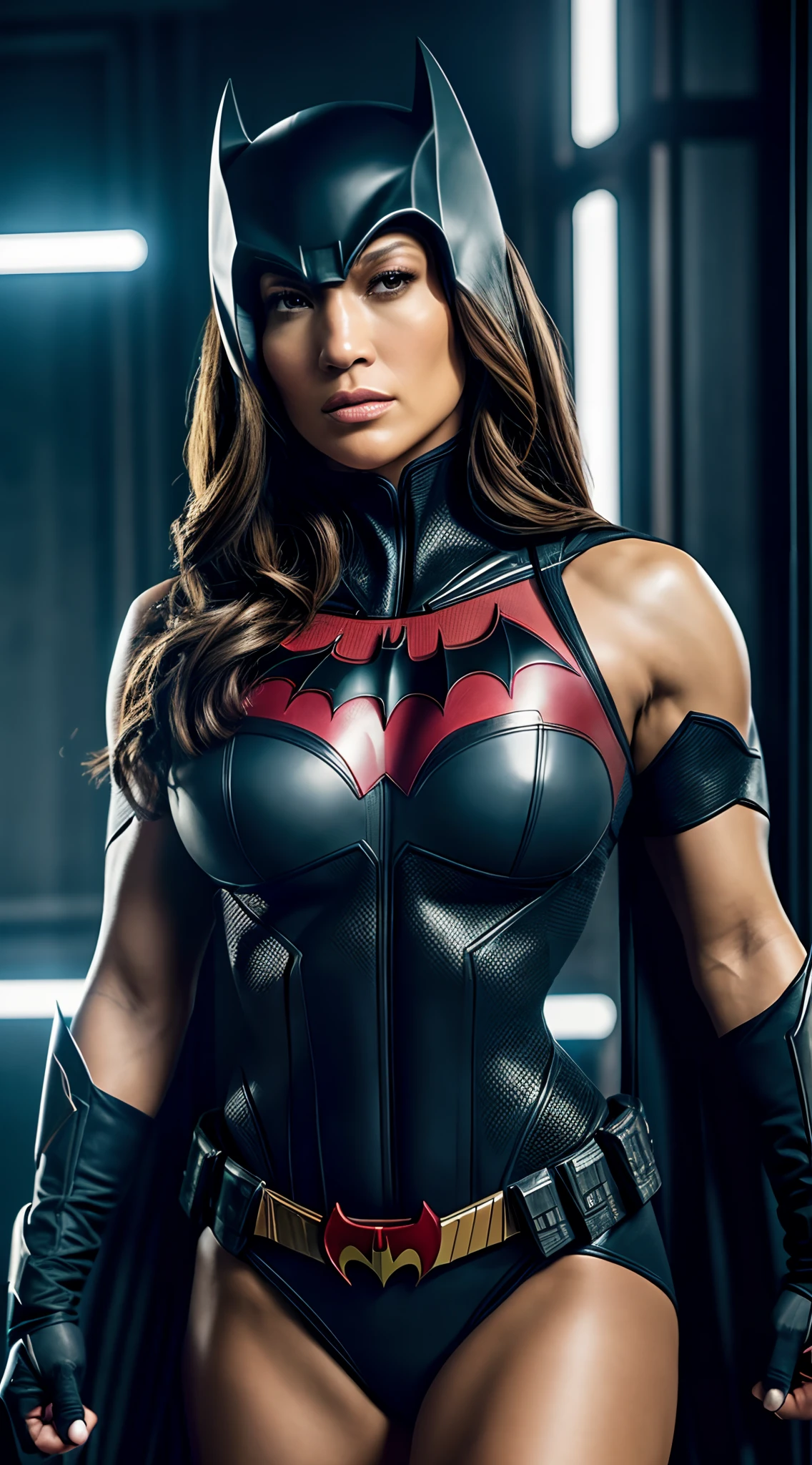 Jennifer Lopez as Batwoman, 1female, body Closeup, wearing Batman armour, DC Universe, DC cinematic universe, dynamic pose, Batwoman outfits, muscles beauty, heroic look, athletic build, tight costume, very beautiful, sexy, Big natural breast, cleavage, Mature, milf, Full body shot, body close up, symmetrical, perfect face and body, 4k, high-res, masterpiece, best quality, sharp focus, (cinematic lighting), detailed face, Solo woman,