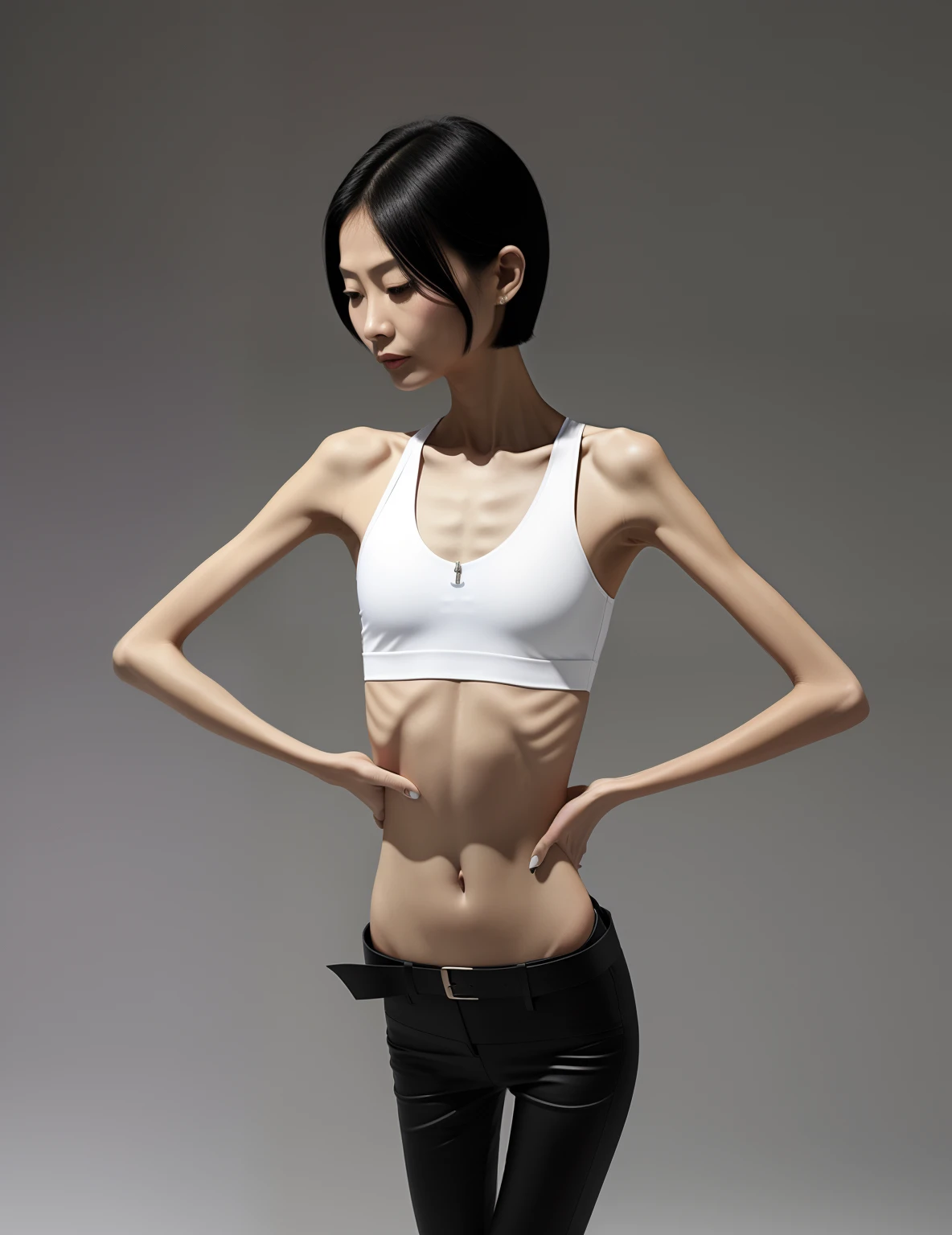 very thin woman, A thin body，Protruding sternum，The waist is very thin，The ribs are noticeable，Protruding ribs，The pelvic protrusion is very obvious，The pelvis is markedly elevated，White skin of the，thin shoulde，The waist is very thin，Sunken abdomen，Delicate arms，hunger，The lower abdomen is depressed，Short hair details，Wear tight leather pants，Asia face，The waist is particularly thin，Cross your hands at your waist，angry look，Excessive weight loss，weeping，Face becomes thinner，Severe malnutrition，Effeminate woman