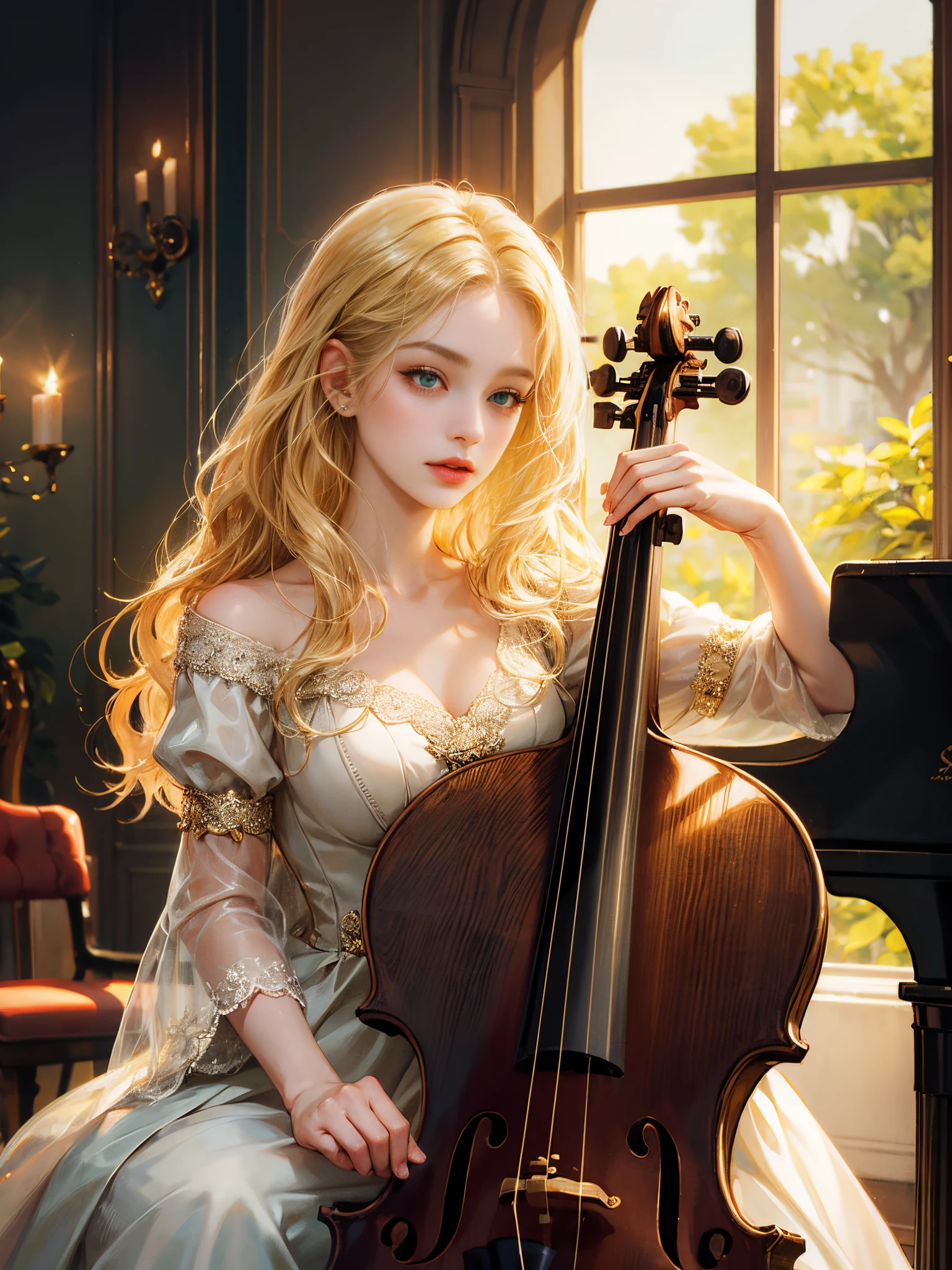 The girl has medium blonde wavy hair, no bangs. She has green eyes, she looks at the viewer