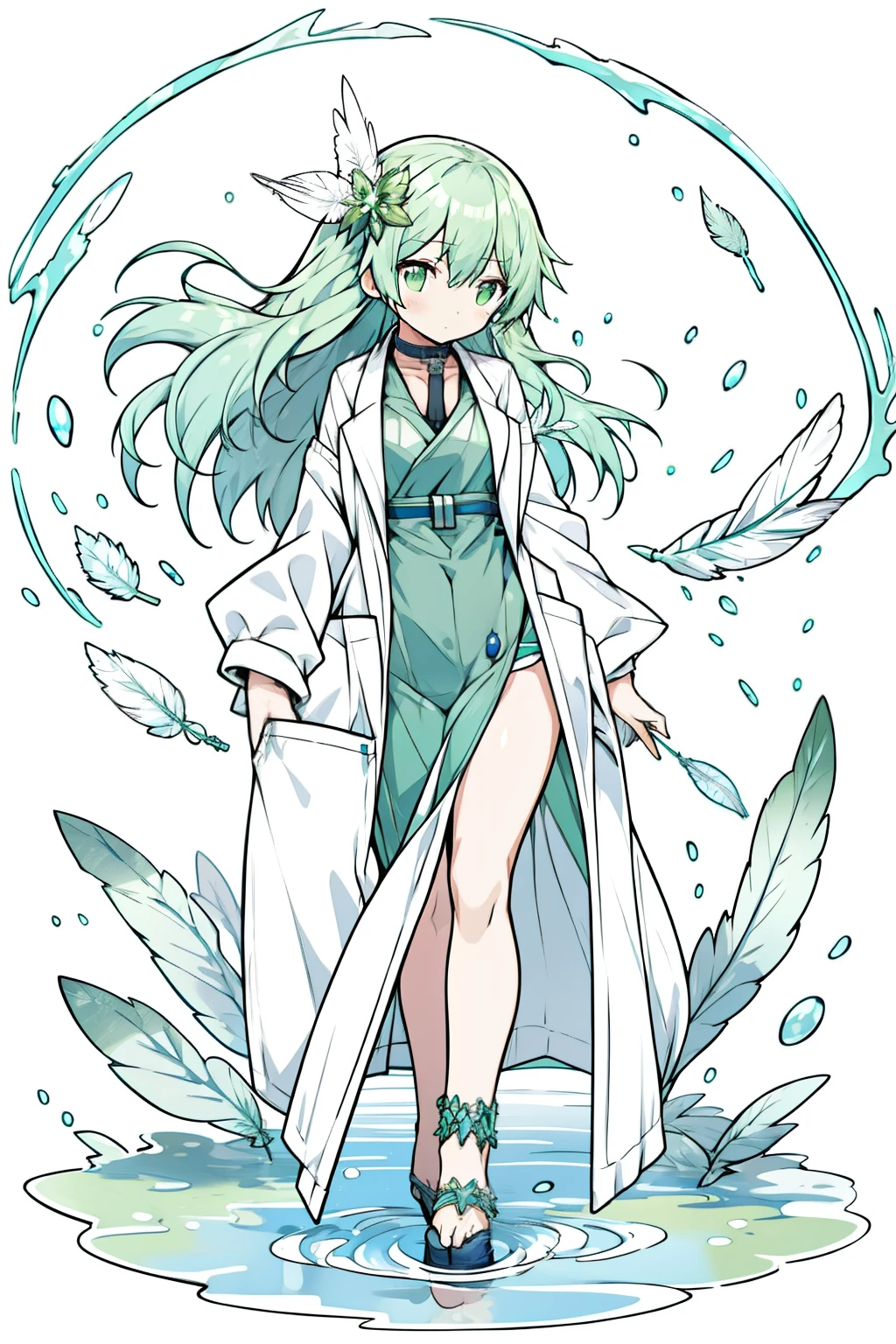 water,liquid clothes,water element,water body,green water hair,feathers hair ornament,Green eyes,girl,flatchest,Lab coats,Functional wind,Lots of pockets,adolable,Iron collar,iron anklet,prisoner