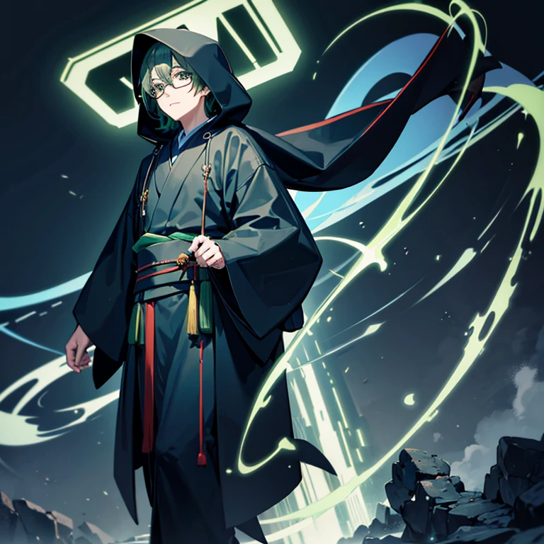 man wearing a deep hood、Dark green kimono-style costume、Operating a computer、Walk in the electronic world、Wearing glasses、