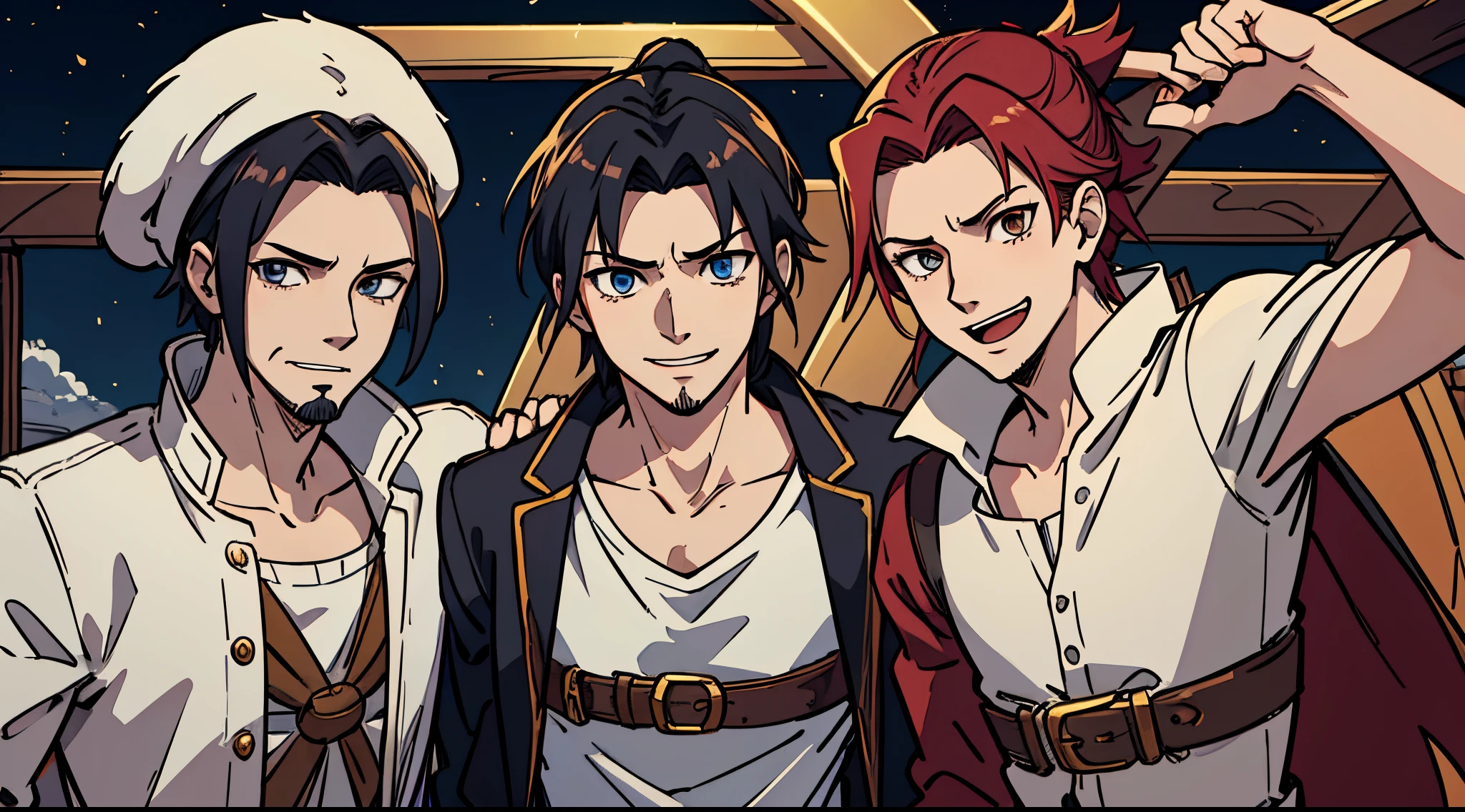 White beard( Edward new gate) ,portugas d. Ace, and jiraya all 3 toghter in one image, happy face, hd image, high quality image, 8k image, detailed image