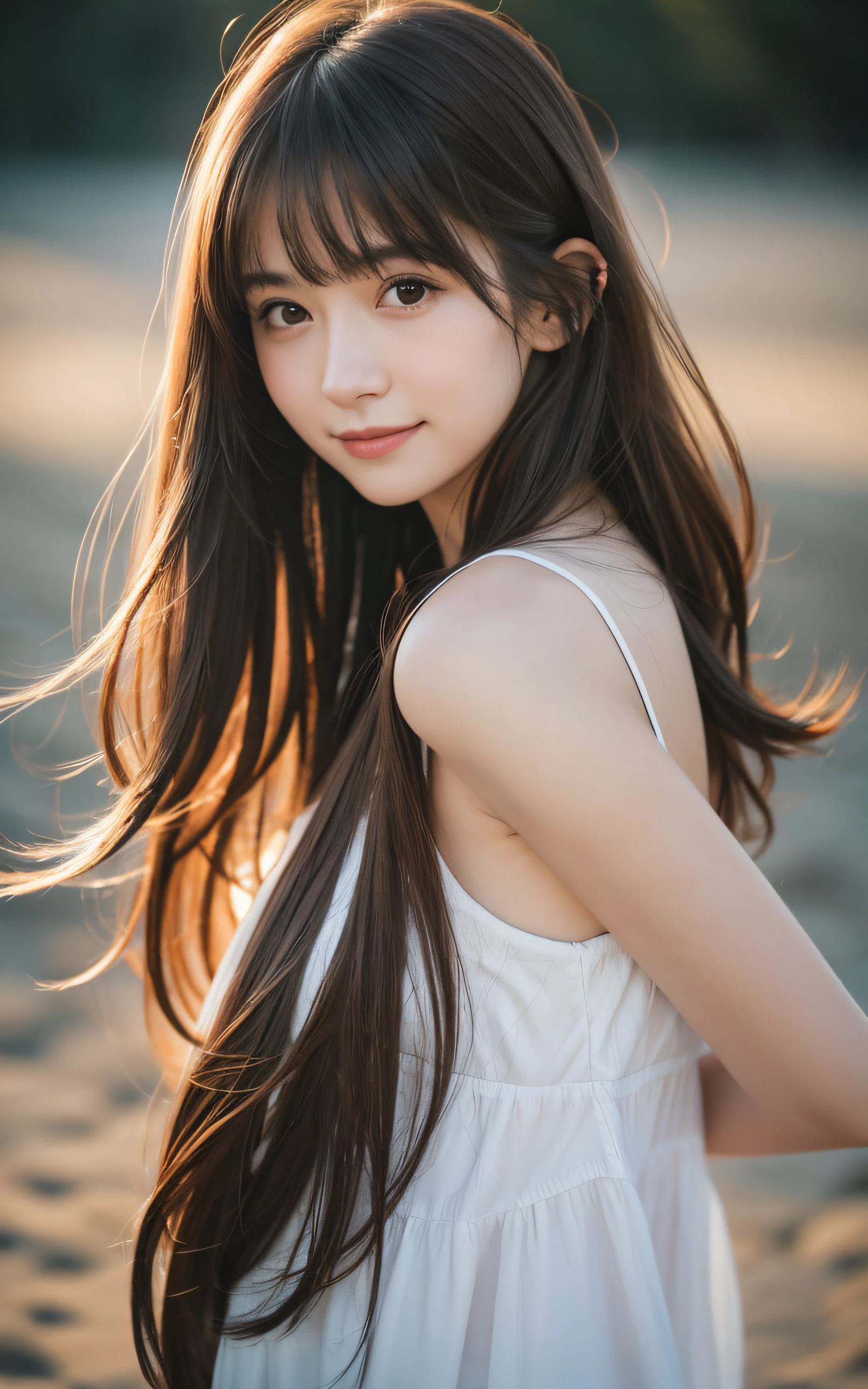 masterpiece, Best Quality, 8K, 1 girl, 20 yo, medium breast, cuddly, Solo, arch smile, Cute, Girly, Delicate girl, Neat and clean beauty,  Raw photo, Professional Photography, Portrait, Soft light, Professional Lighting, Back lighting, Upper body, Looking away, Sophisticated, Film grain, (Eyes and faces with detailed:1.0), short length floating hair, beautiful flowing hair, bangs