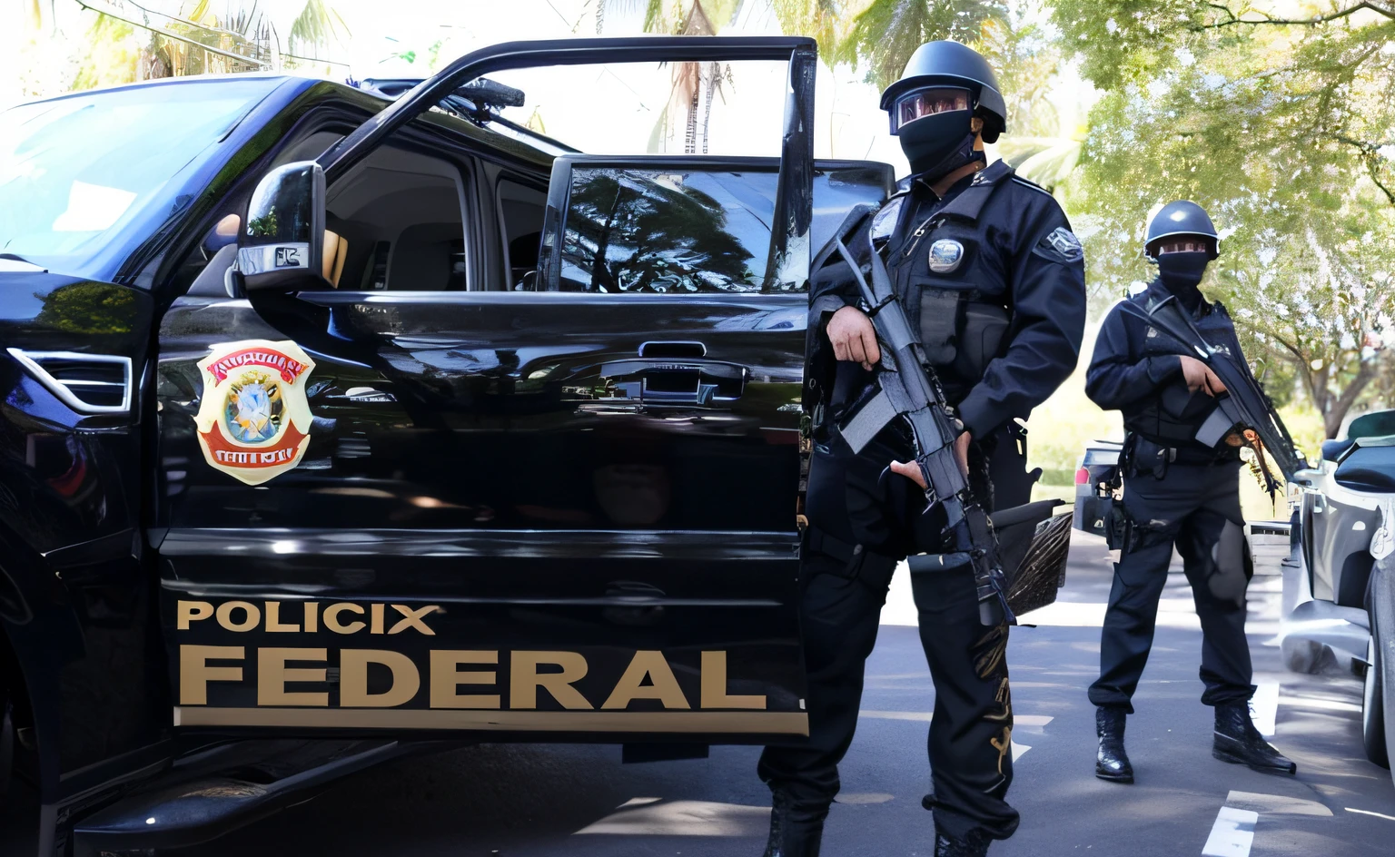 police officers standing in front of a black truck with a gun, Directed by: Alejandro Obregon, by Gina Pellón, special forces security, Directed by: Robert Combas, Directed by: Ramon Silva, foto editorial, Directed by: Judith Gutierrez, proporcional, Directed by: Felipe Seade, by Almada Negreiros, Directed by: Edna Mann, by Amelia Peláez