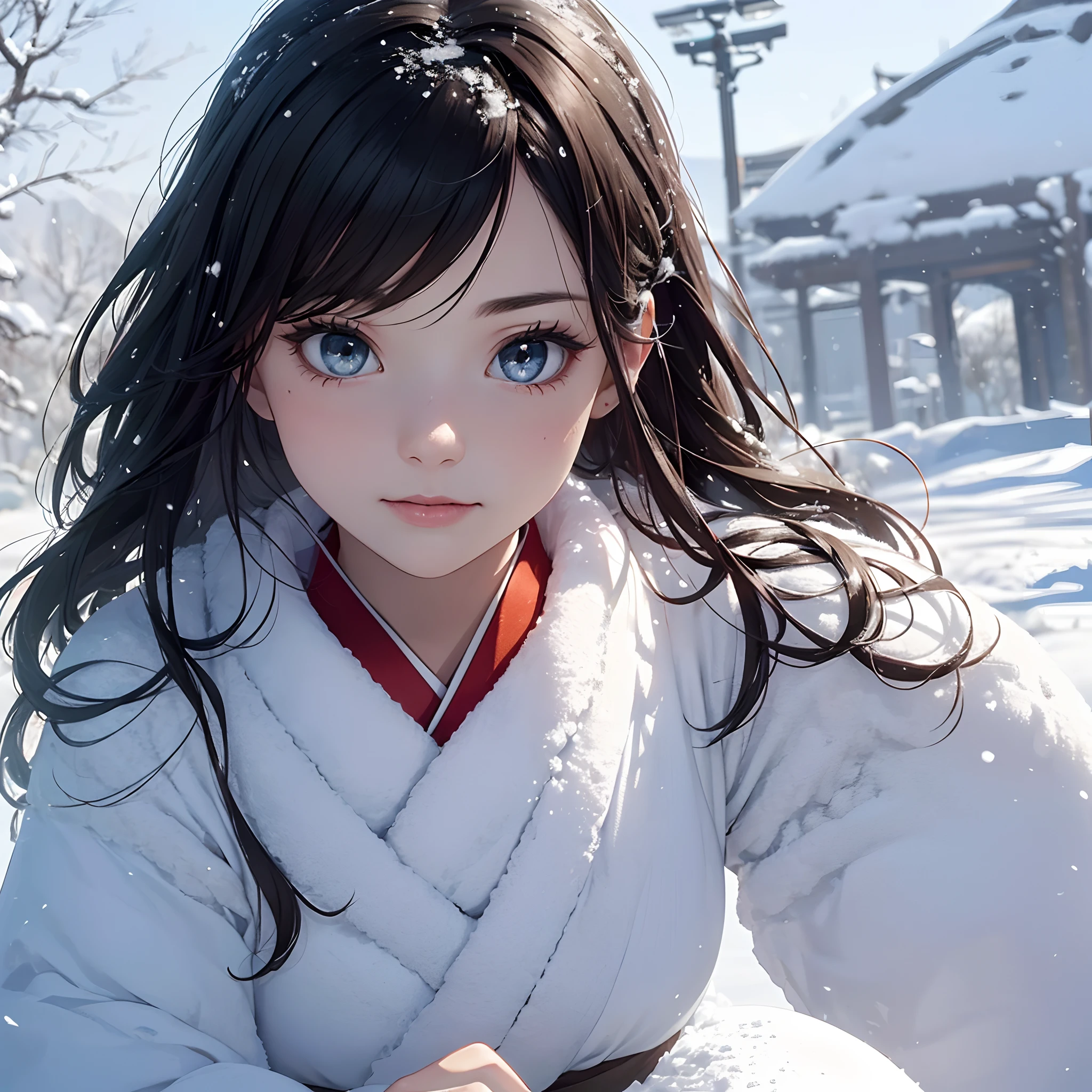 Masterpiece, Real, ((Snow Woman)))), (((Snow Woman in Old Tales)))), ((Without horns: 1.8)))), (Japan white kimono with long sleeves fluttering and looking at the viewer with narrowed eyes while showing love and anger)), (Ultra-long black hair with a snowflake horn hair ornament and snowman earrings), 20 years old, (((Plains in a blizzard blowing from behind)))