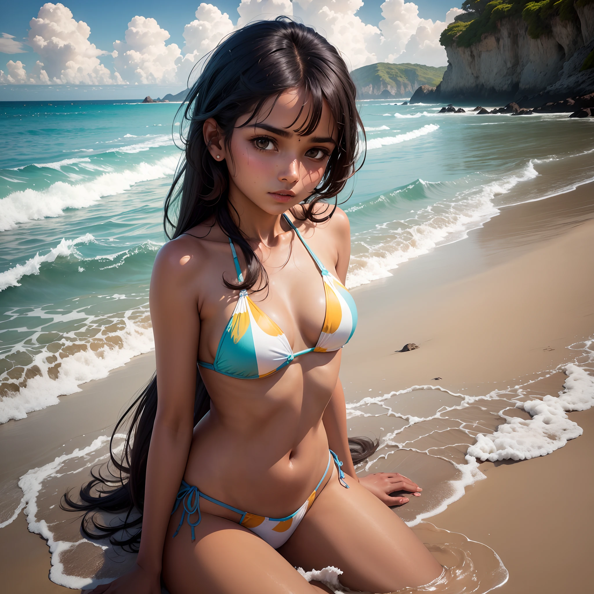 picture an indian girl wearing bikini in a beach --auto --s2