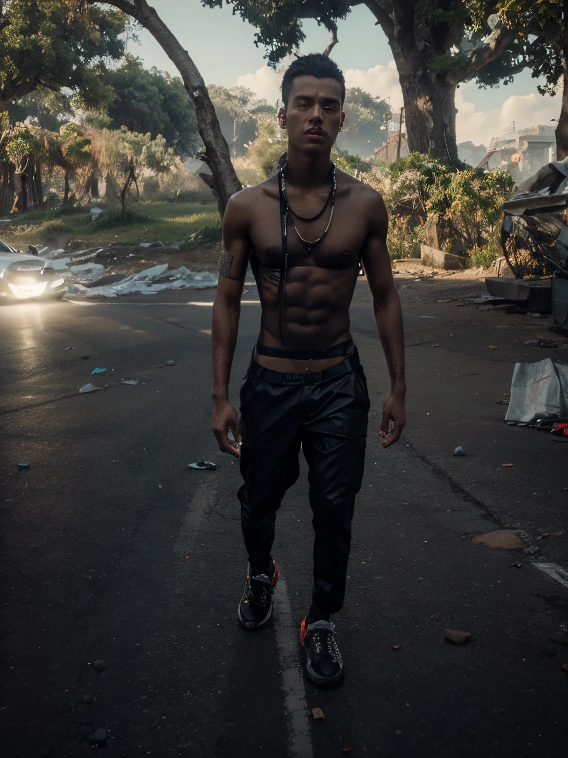 Change background cyberpunk handsome boy, realistic face, 8k, ultra realistic, body transform,