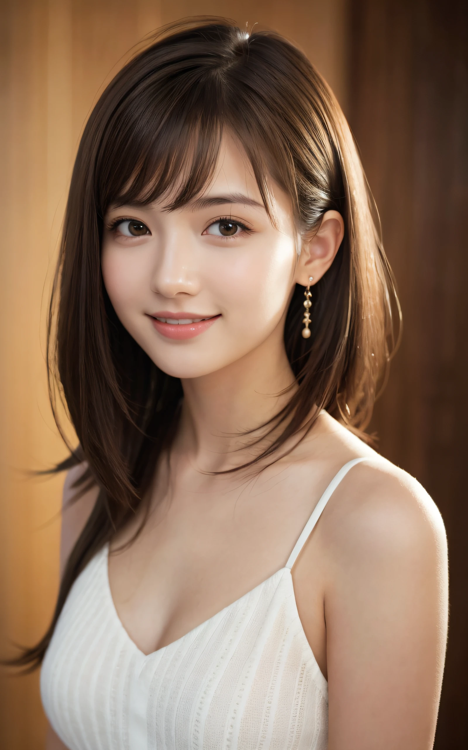  20-year-old girl,Japanese,Huge breasts, 1 girl per photo, Full Body Shot, View from the front, Japanese, cute girl, Very cute face, The best smile,Glossy Lips, Sweaty body, Double eyelids on both eyes, Natural Makeup, Shiny and smooth light brown long hair, Asymmetrical bangs, Sunburned skin, Center image, 8K resolution, High detail, Detailed hairstyle, Detailed face, Great cinema lighting, Octane Rendering, Vibrant, Surreal, Perfect limbs, Perfect Anatomy、 