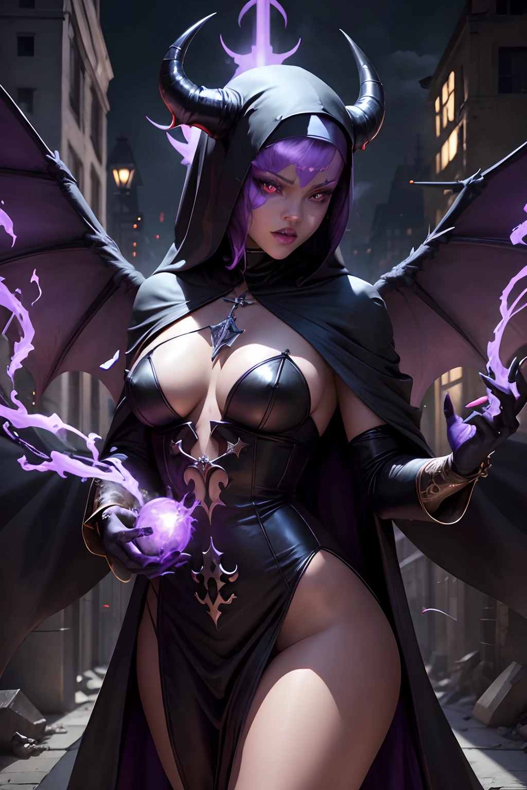 Rihanna : The evil nun, Demon horn, Demon wings on the head , sexy robe de nonne, Powerful bolts of destructive purple energy shoot out of his hands, diabolique, insidieux, His powerful magic hits the buildings of a city , Context of the Satanic Church, detailled eyes, detailed hands
