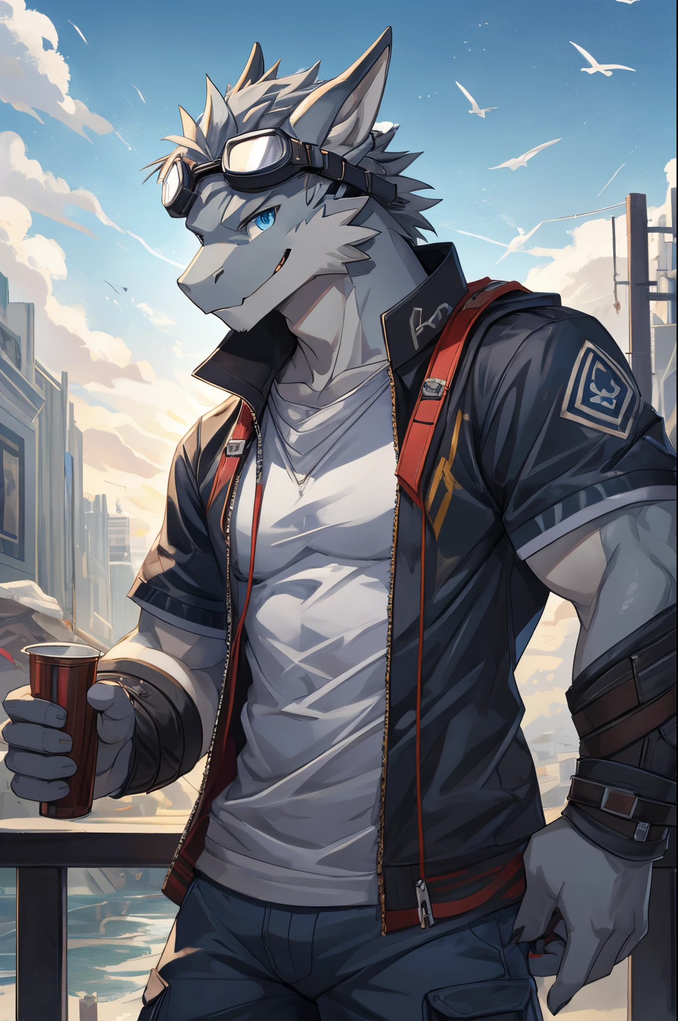 Masterpiece, Solo, Cool Pose, Furry Gray Dragon, Medium Muscular Body, Blue Eyes, Grey Medium Hair, Casual Clothes, Casual Set, Fierce, Goggles, Joy Expression, Happy, Good looking