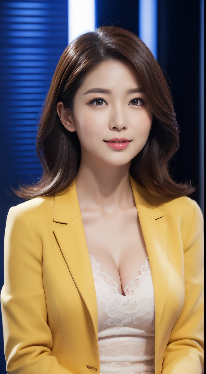 Studio photo of a beautiful Korean news anchor, female, 35 years old, beautiful facial features, captivating eyes, subtle smile, highly feminine, long wavy hair, pastel yellow blazer, lace camisole, subtle cleavage, voluptuous body, elegant vibe, look straight at the camera, hyper realistic, highly detailed, volumetric lighting, cinematic, sharp focus, 8K, front view, stunning full body shot