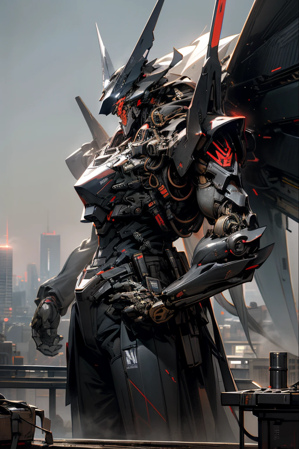 天空、云、holding_weapon,no_humans,SHINES、机器人、built、glowing_eyes,mechs、sience_fiction,Towering over the city、realisitic、Carbon black and red coloring、Matte finish、Lenovo's ThinkPad,ThinkPad _X1_carbon,Lenovo,Giant Mecha、Faraway view、Super huge、invincible、Armored Core、Photorealsitic、Contains a lot of carbon black ingredients,exquisite、Precise mechanical structure,Deities、Deities々、God、myth