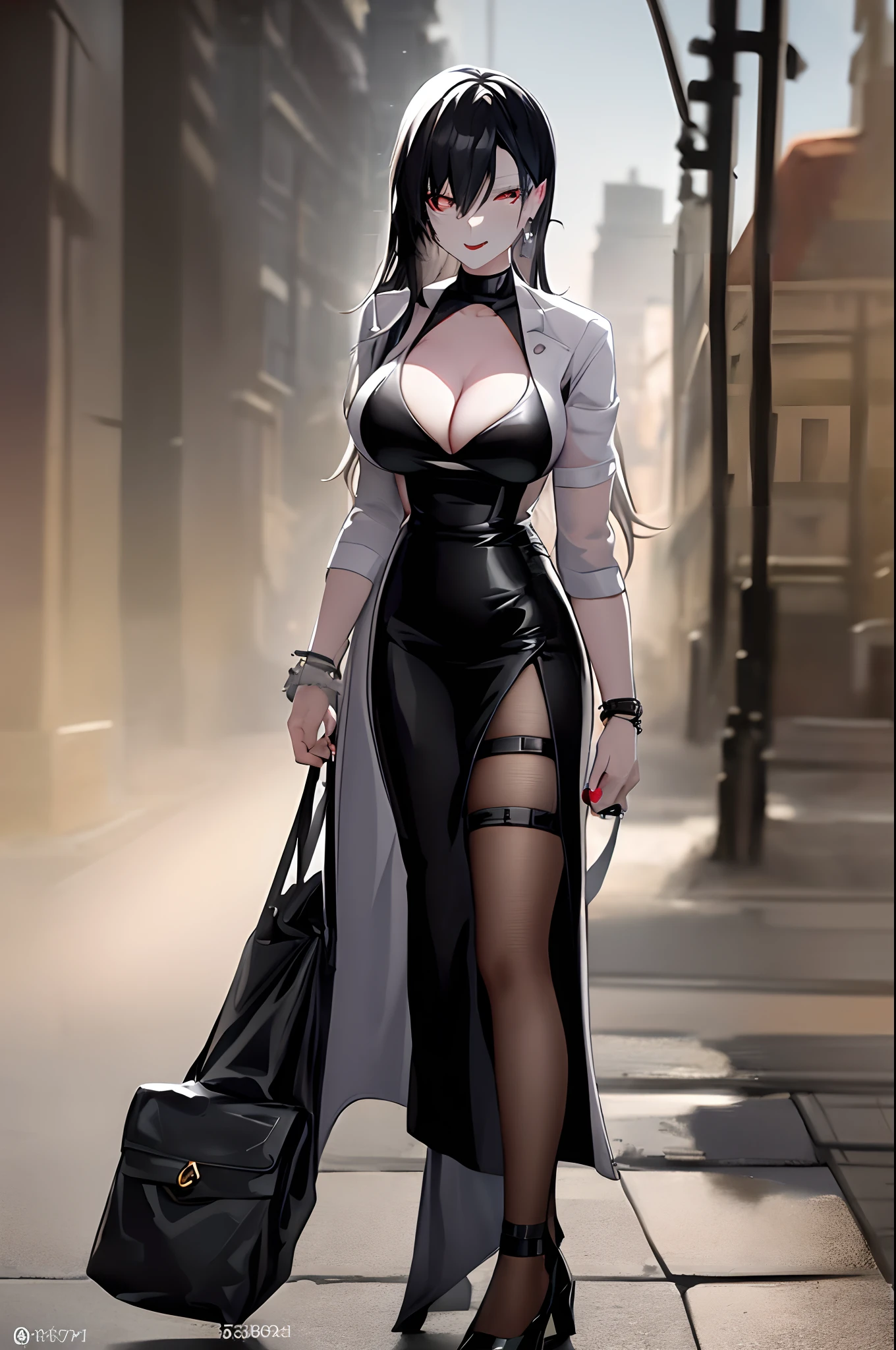 (afterglow)(long tongue)the woman in a black dress is looking down a street from an old building, 1girl, breasts, dress, large breasts, cleavage, solo, black hair, jewelry, black dress, ground vehicle, earrings, motor vehicle, bag, full body, bare shoulders, handbag, long hair