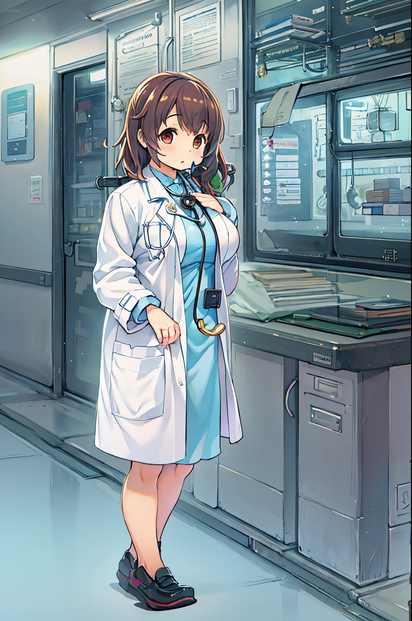 (Best Quality, masutepiece: 1.1), 1 girl、Anime character wearing a white lab coat, Smooth Anime CG Art, with white coat, wearing a white hospital gown, wearing lab coat and a blouse, With a stethoscope, doctor, makoto shinka, wearing lab coat, (doctor), By Shinkai Makoto. a digital rendering, stethoscope!, photorealistic anime girl render、huge-breasted、bbw