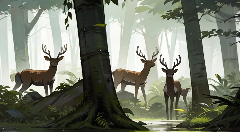 A group of deer in an Amazon rainforest.