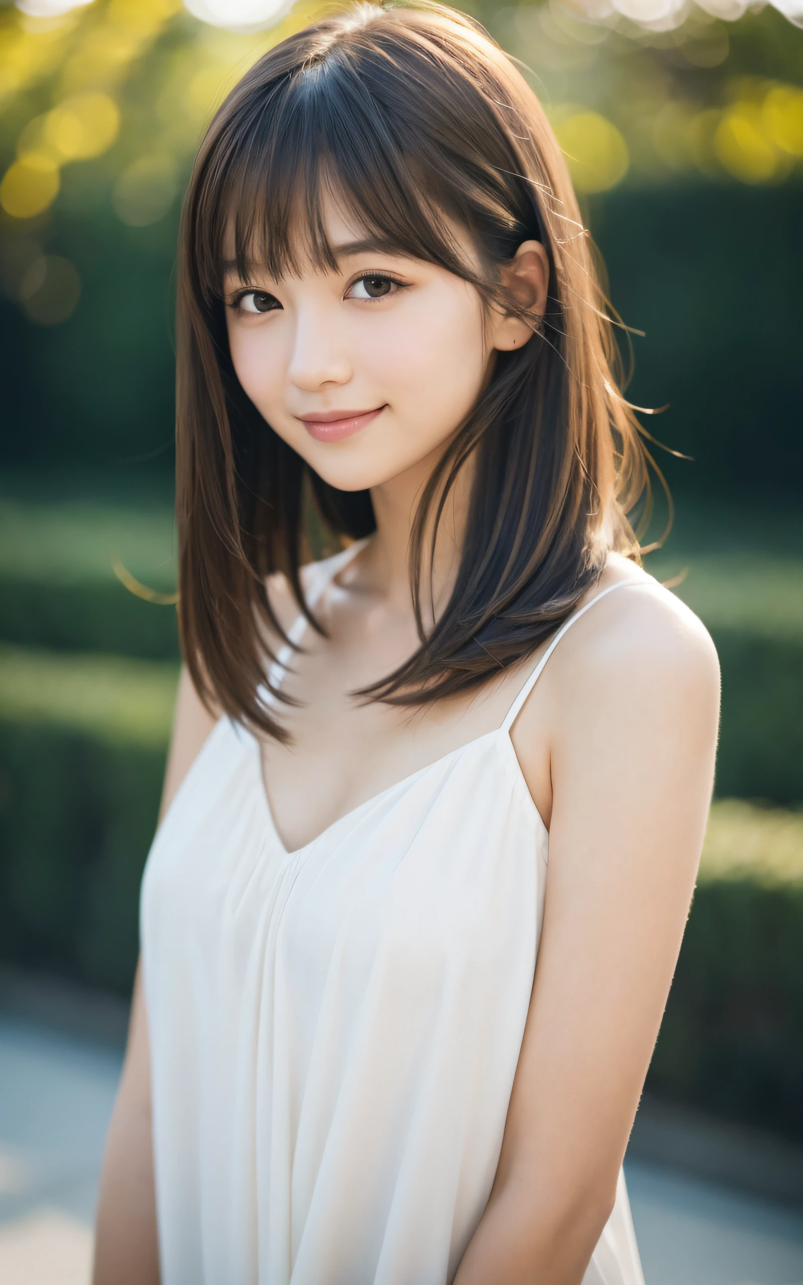 masutepiece, Best Quality, 8K, 22 yo, Raw photo, Smile, Solo, Cute, Idol face, Delicate girl, Neat and clean beauty, Upper body, Digital SLR, Looking away, Candid, Sophisticated, Professional Lighting, Film grain, (Eyes and faces with detailed:1.0), Straight, Medium length hair swaying in the wind, Bangs, (Bokeh:1.1)