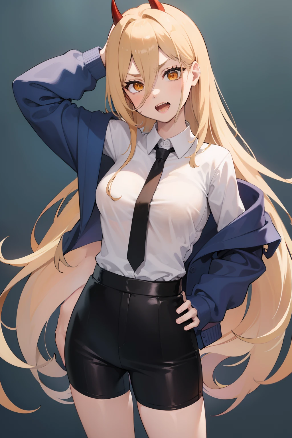 power_csm,  blonde hair,  yellow eyes,  cross-shaped pupils,  symbol-shaped pupils,  red horns,  sharp teeth,  white buttoned shirt,  blue jacket,  black necktie,  black pants,  sneaker shoes,  cowboy shot,  petanko,  smile,  petite,  shirt lift,  black bra,  tall,  hands on shirt,  shirt lifting,  shirt up,  1girl,  small boobs,  long bang,  looking_at_viewer,  open mouth,  pulled_by_self,  pervert face, shirt lifting, black bra