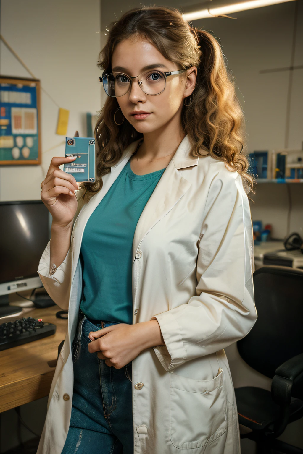 (a scientist girl in the 80s),(holding a 1.44 MB floppy disk in one hand),(retro, vintage, nostalgic),(80s fashion, big glasses, high-waisted pants),(curly hair, pigtails),(face full of curiosity, bright eyes),(colorful lab coat),(old computer in the background),(science books and equipment),(vivid colors),(studio lighting),(best quality, high res),(painting-like rendering),(bokeh),(nostalgic color tones)