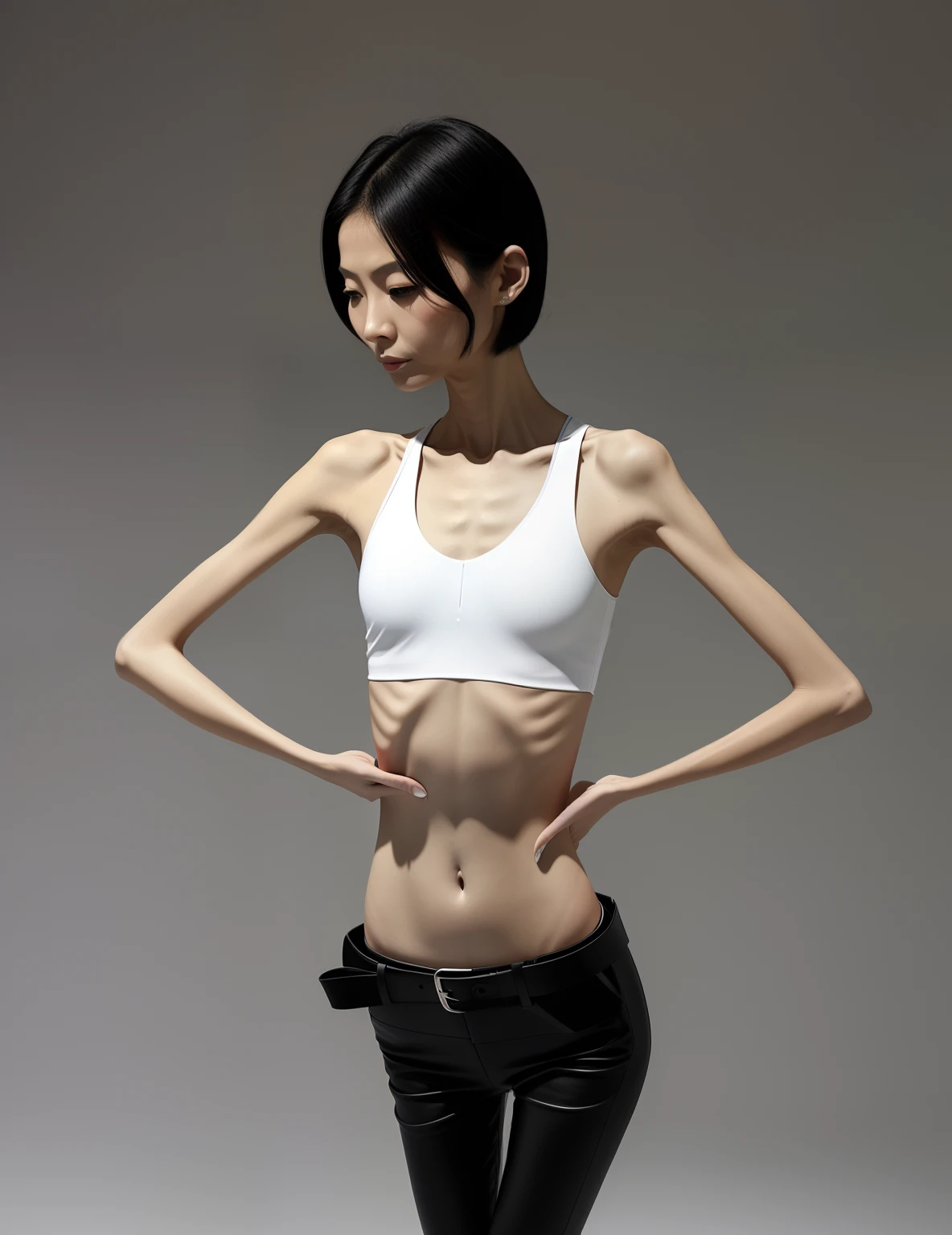 very thin woman, A thin body,Protruding sternum,The waist is very thin,The ribs are noticeable,Protruding ribs,The pelvic protrusion is very obvious,The pelvis is markedly elevated,White skin of the,thin shoulde,The waist is very thin,Sunken abdomen,Delicate arms,hunger,The lower abdomen is depressed,Short hair details,Wear tight leather pants,Asia face,The waist is particularly thin,Cross your hands at your waist,angry look,Excessive weight loss,Face becomes thinner,Severe malnutrition,Effeminate woman