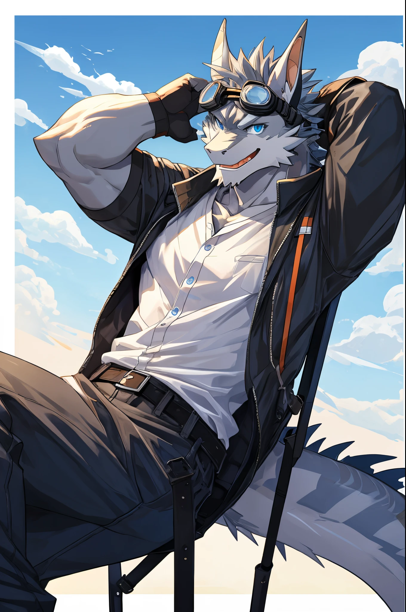 Masterpiece, Solo, Cool Pose, Furry Gray Dragon, Medium Muscular Body, Blue Eyes, Grey Medium Hair, Casual Shirt, Fierce, Goggles, Joy Expression, Good looking