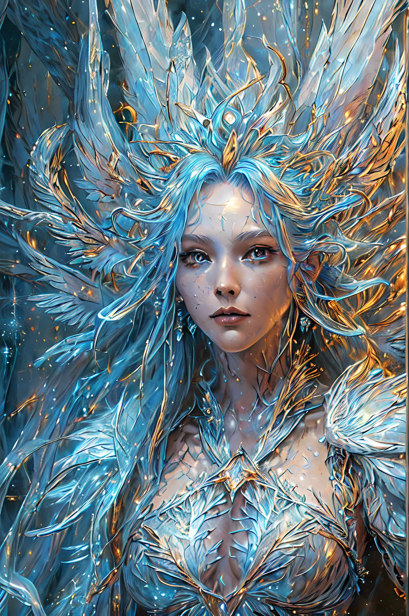 fantasy art, RPG art, icestyle a picture of an (ice sculpture: 1.5) (ultra detailed, Masterpiece, best quality: 1.4) of an (icy: 1.4) female angel (ultra detailed, Masterpiece, best quality: 1.3) spread angel wings angel_wings (ultra detailed, Masterpiece, best quality: 1.3) made from ice, fiery halo red fire, flame hair, fantasy temple background best quality, 16k, [ultra detailed], masterpiece, best quality, (ultra detailed), full body, ultra wide shot, photorealistic