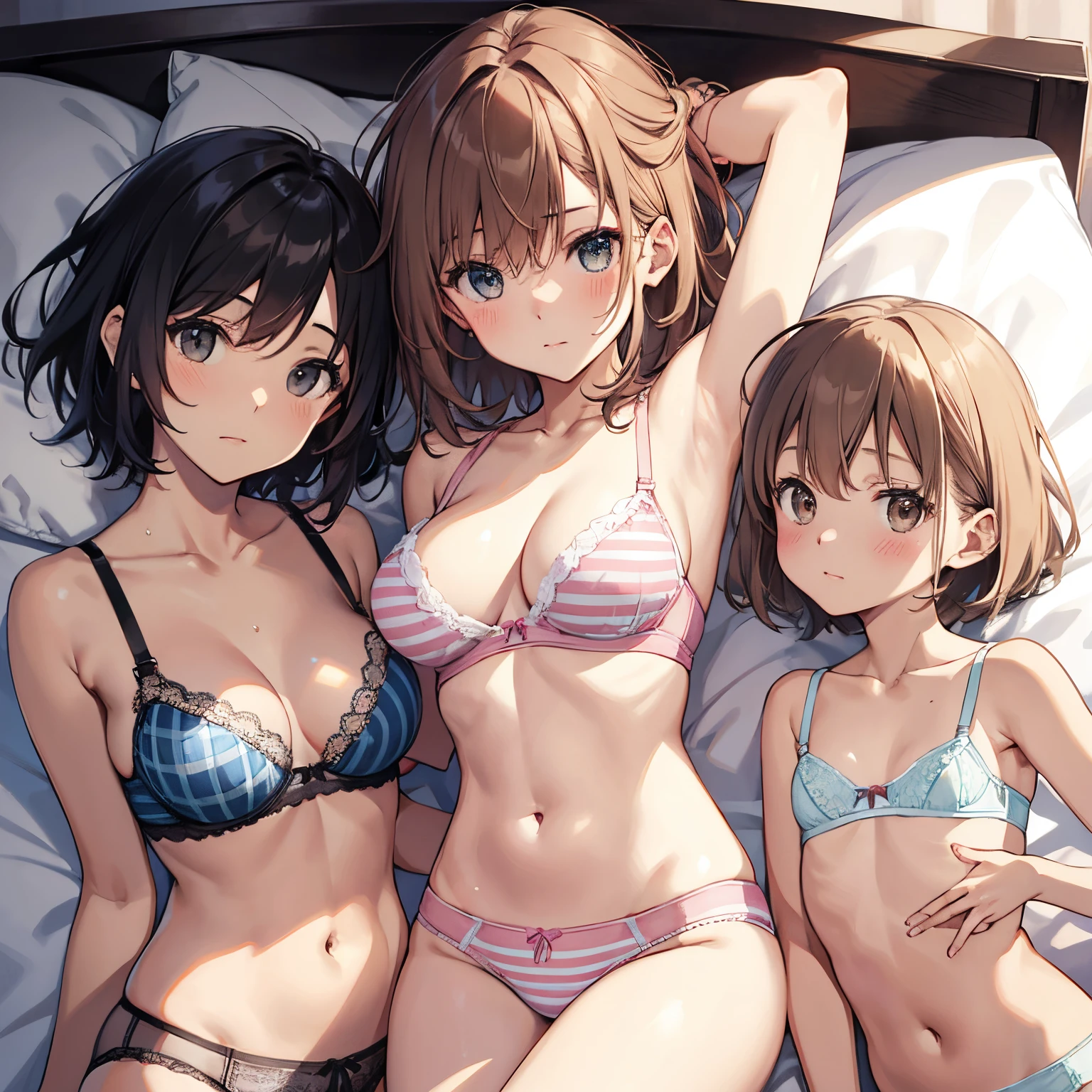 NSFW ４ｋqulity, top-quality, Misaka_mikoto, Brown-eyed, Short_hair, Ultra-small_Breast,）On a hotel bed　Blue lingerie　１６age　sexypose　Bewitching　Break white bra for heavy sweating、Pink bra、Blue bra、Green bra、Greybra、Light grey bra、 Striped bra、Polka Dot Bra、Plaid bra、Cute bra、Kids Bra、Sportsbra、Camisole、Cotton panties, flat chest, half striped, hands, touching, feeling, grabbing, squeezing, many hands