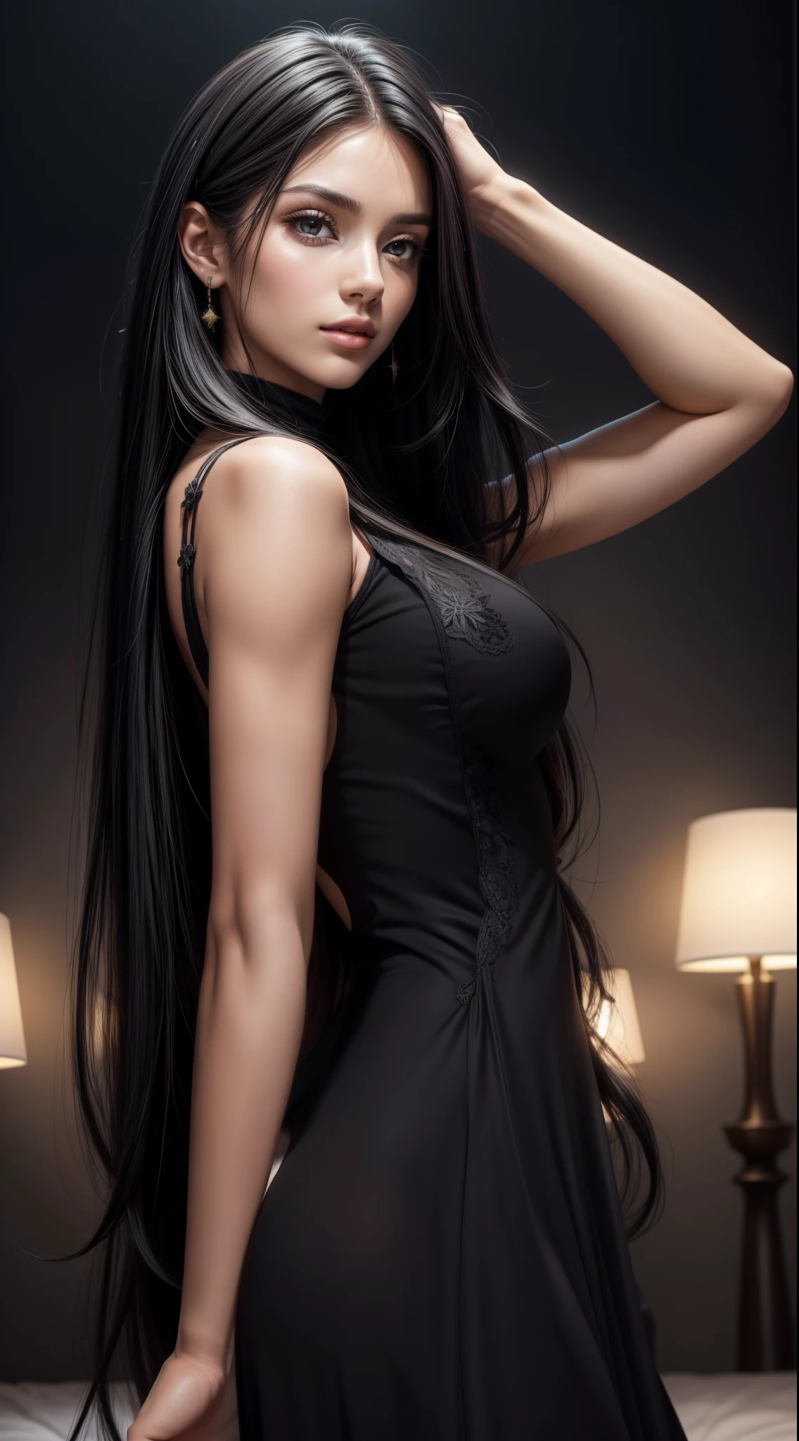 "(((obra-prima))), melhor qualidade, ultra-detallhado, High resolution CG image with a beautiful woman with long black hair with bright violet eyes like detailed constellations, retratados em detalhes fascinantes. rosto delicado, lips closed, boca fechada (Dutch angle), rosto avermelhado, His delicate body is accurately represented at every angle. Ela possui longos cabelos preto que caem suavemente sobre seu vestido. Vestido de couro, The upper part of his body is sculpted to perfection. "