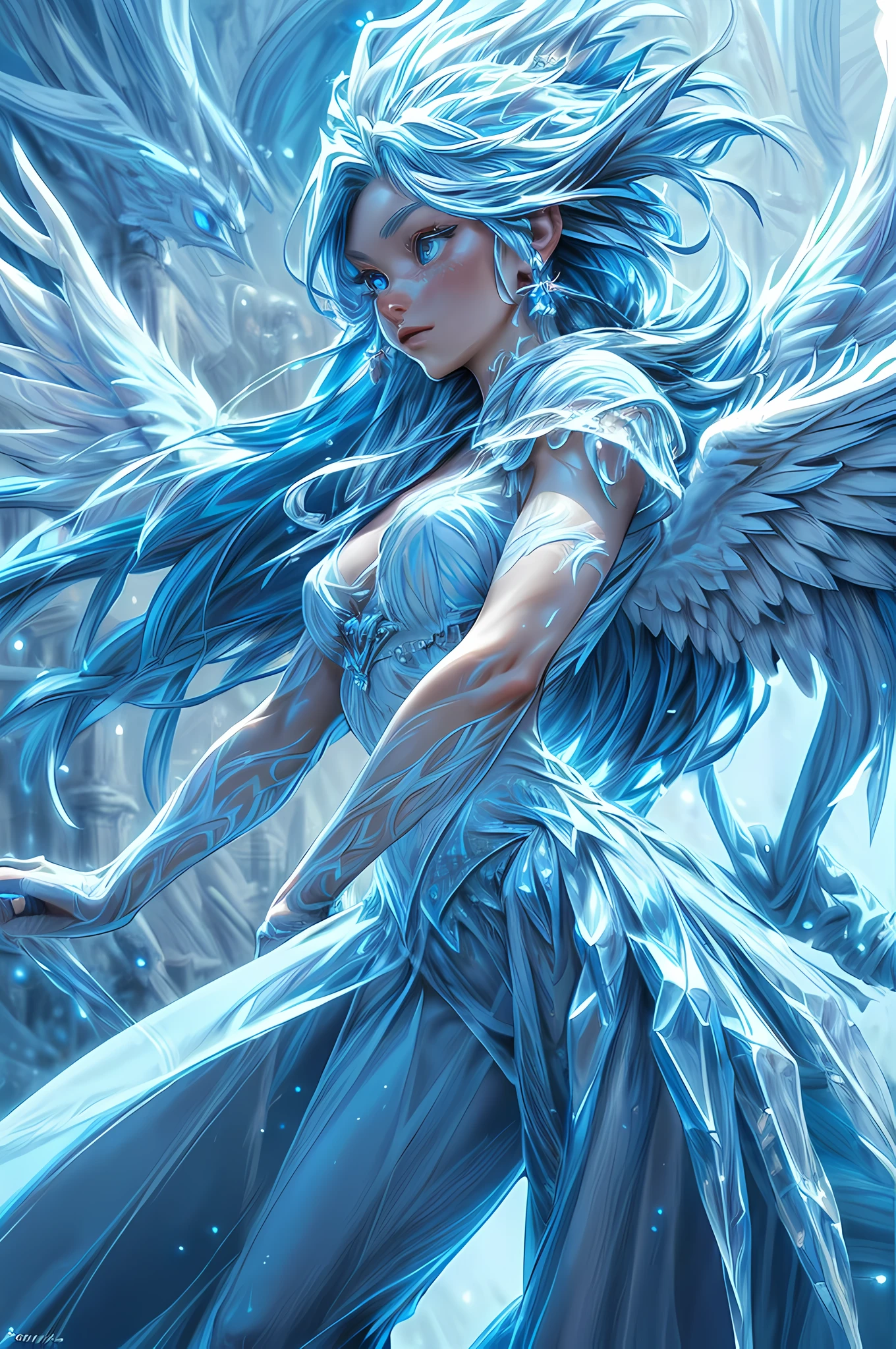 fantasy art, RPG art, icestyle a picture of an (ice sculpture: 1.5) (ultra detailed, Masterpiece, best quality: 1.4) of an (icy: 1.4) female angel (ultra detailed, Masterpiece, best quality: 1.3) spread angel wings angel_wings (ultra detailed, Masterpiece, best quality: 1.3) made from ice, fiery halo red fire, flame hair, fantasy temple background best quality, 16k, [ultra detailed], masterpiece, best quality, (ultra detailed), full body, ultra wide shot, photorealistic