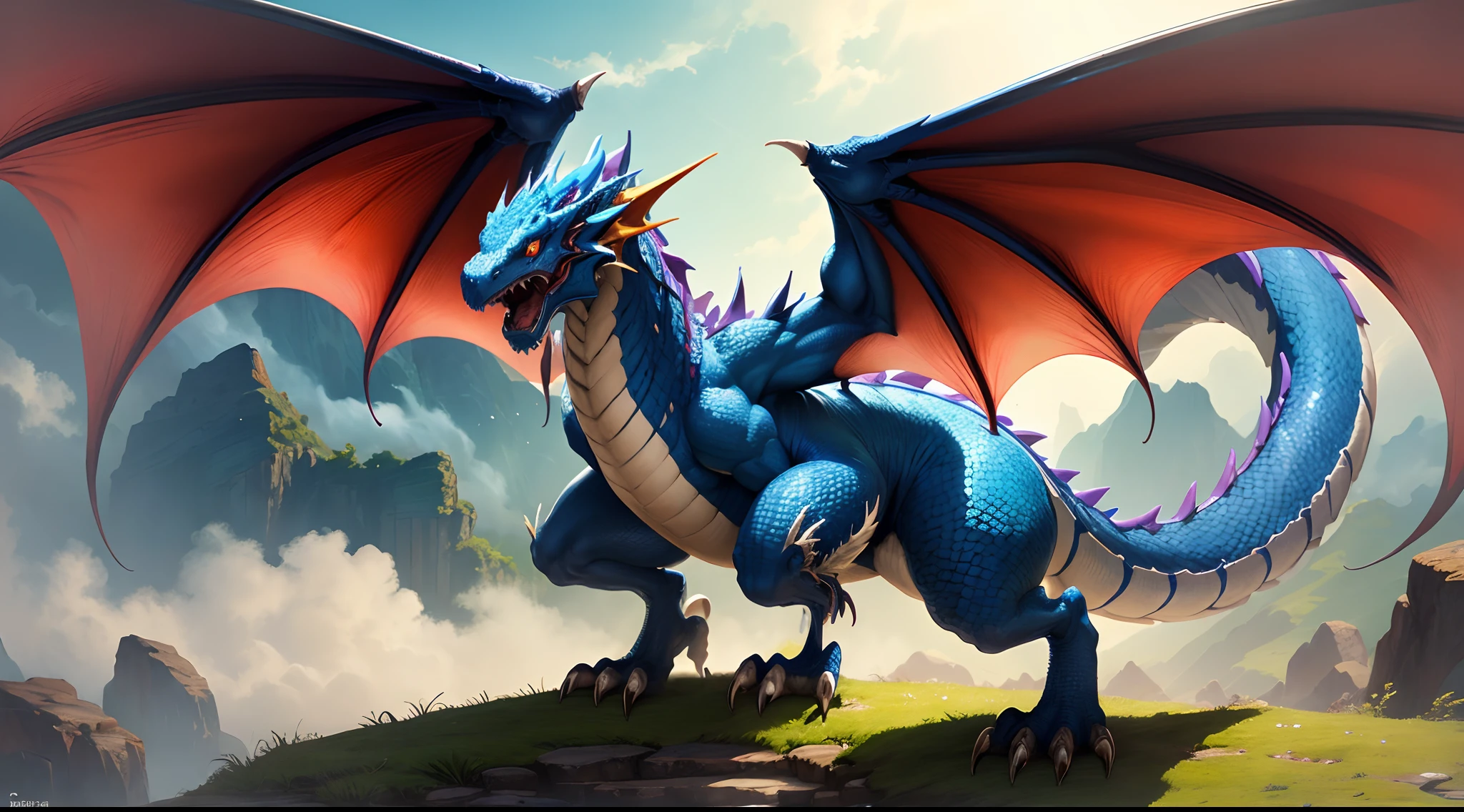 ultra-realistic 8k painting of a flying dragon
rule of thirds, dramatic shot, blue sky
(intricate:1.4), (best quality:1.4), (masterpiece:1.4), (realistic:1.4), (detailed:1.3), high saturation, cinematic light