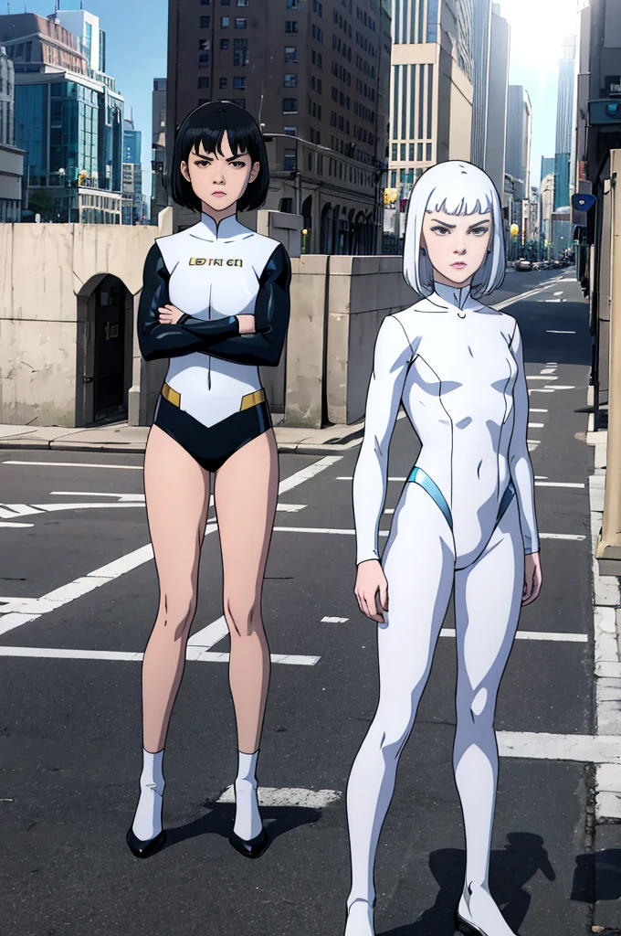 1girl,  girl, pale skin, metallic white long sleeve swimsuit, black short hair, little body, close mouth, angry face, white shining eyes, full body, crossing arms, city scenary, high quality, perfect details, day, sun illumination, superhero style