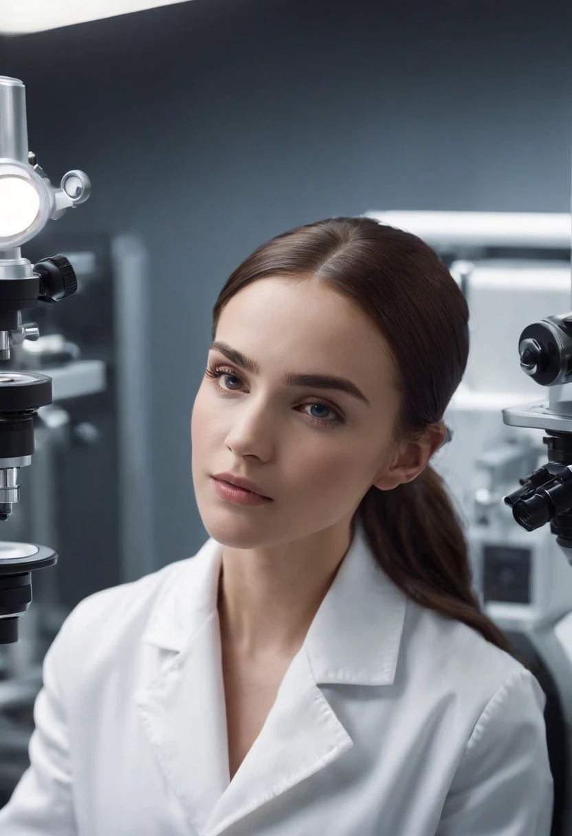 A photo of Ava in a science lab, wearing a lab coat and examining a microscope.,Ex Machina,Ava, the AI character from “Ex Machina,” possesses a striking appearance that blends human and robotic elements: a delicate, humanoid face with expressive eyes and features, set atop a transparent, mesh-like body that reveals her mechanical inner workings. This design creates a sense of otherworldly beauty and fragility, highlighting her advanced technology.