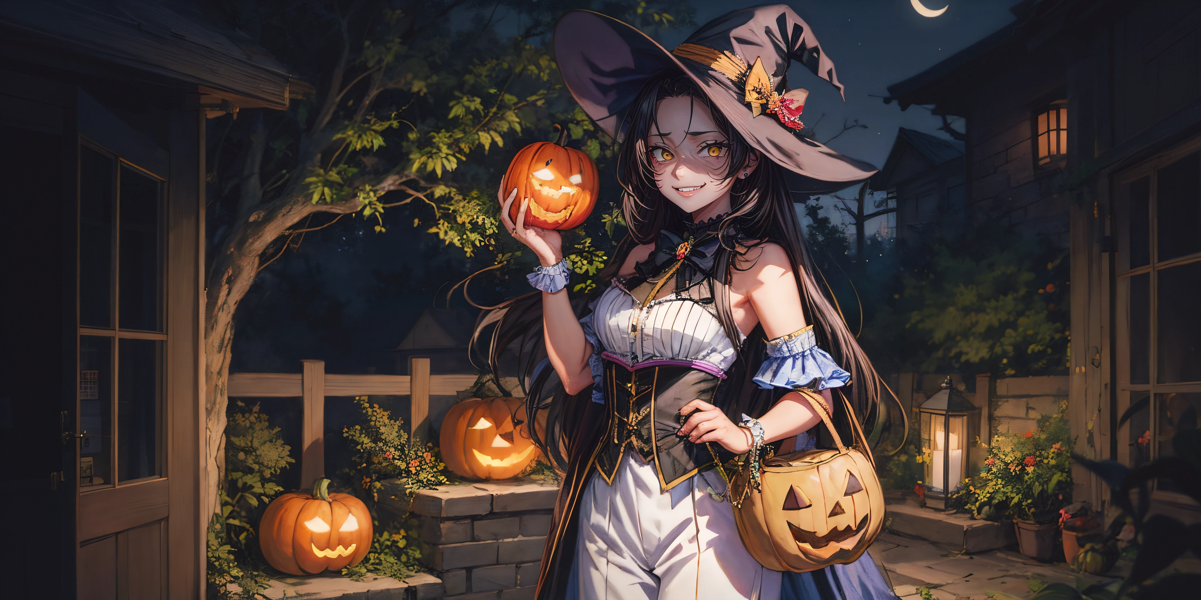 black hair, long hair, forehead, large breasts, 1girl, hat, jack-o'-lantern, solo, pumpkin, black_hair, breasts, smile, bow, tree, looking_at_viewer, holding, night, halloween, moon, detailed skin texture, (blush:0.5), (goosebumps:0.5), subsurface scattering, "RAW candid cinema, 16mm, color graded portra 400 film, remarkable color, ultra realistic, textured skin, remarkable detailed pupils, realistic dull skin noise, visible skin detail, skin fuzz, dry skin, shot with cinematic camera",