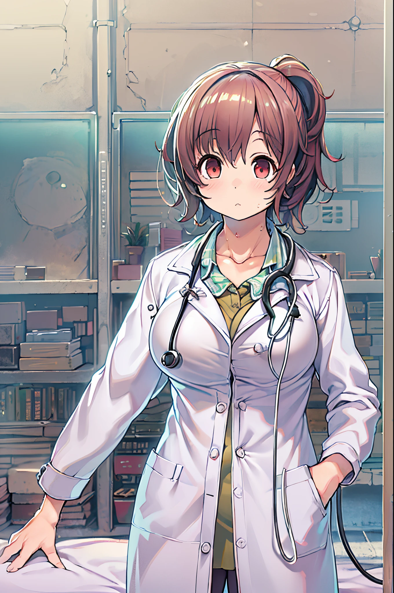 (Best Quality, masutepiece: 1.1), 1 girl、Anime character wearing a white lab coat, Smooth Anime CG Art, with white coat, wearing a white hospital gown, wearing lab coat and a blouse, With a stethoscope, doctor, makoto shinka, wearing lab coat, (doctor), By Shinkai Makoto. a digital rendering, stethoscope!, photorealistic anime girl render、huge-breasted、bbw