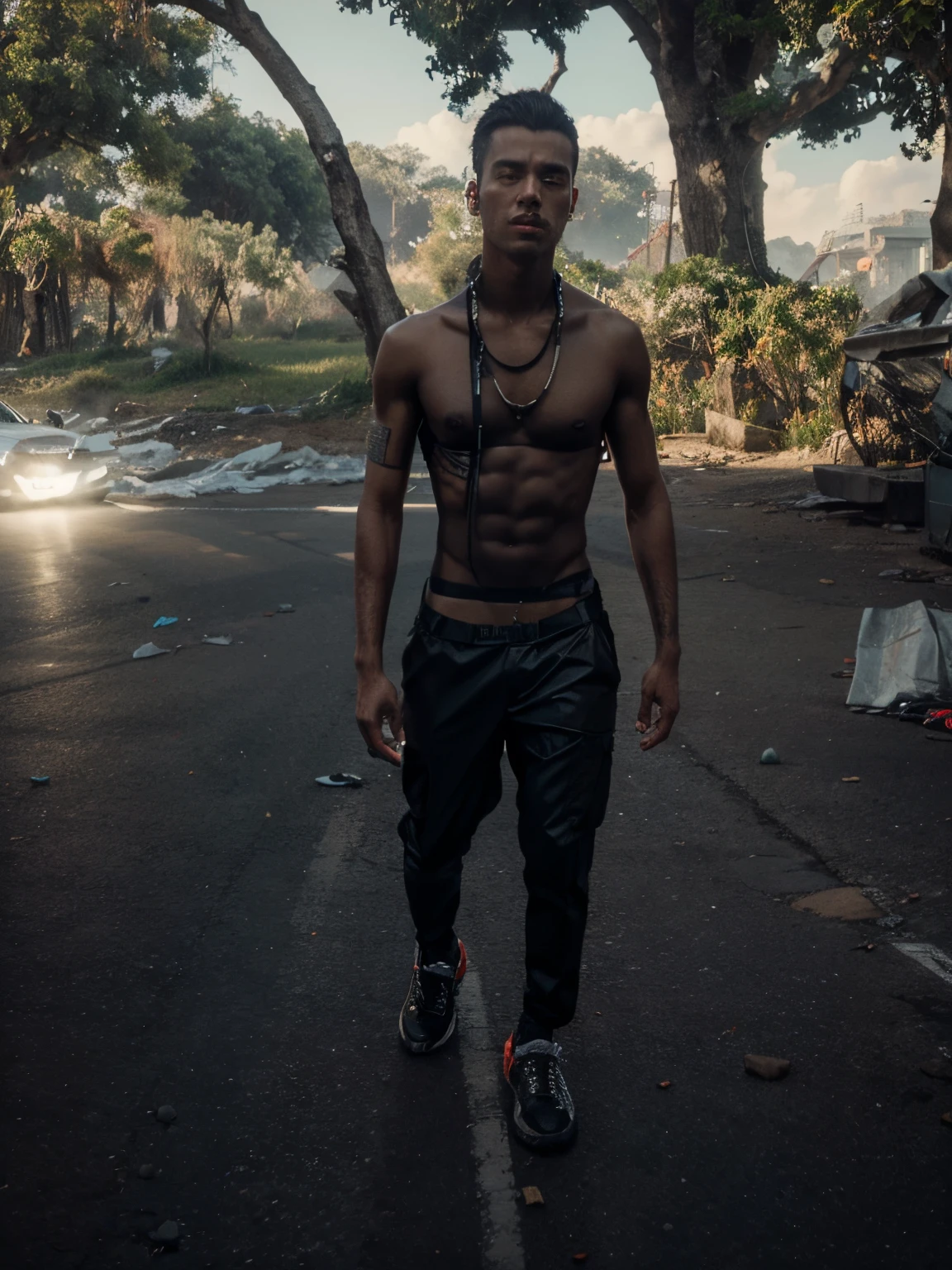 Change background cyberpunk handsome boy, realistic face, 8k, ultra realistic, body transform,